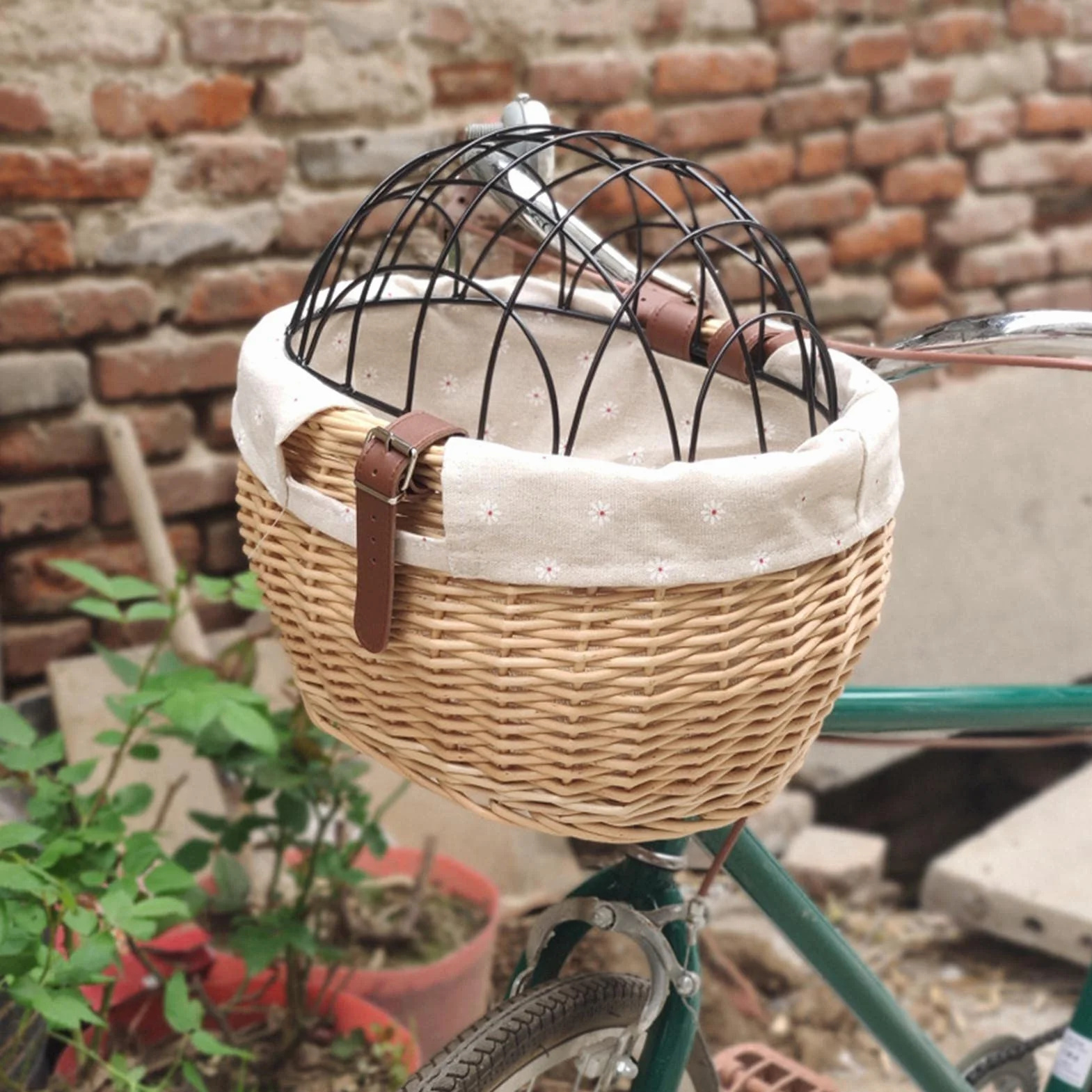 Cesta delantera de mimbre para bicicleta, cesta para manillar de bicicleta,marco de hierro, cesta de almacenamiento tejida a mano, adecuada para perros, gatos, animales pequeños