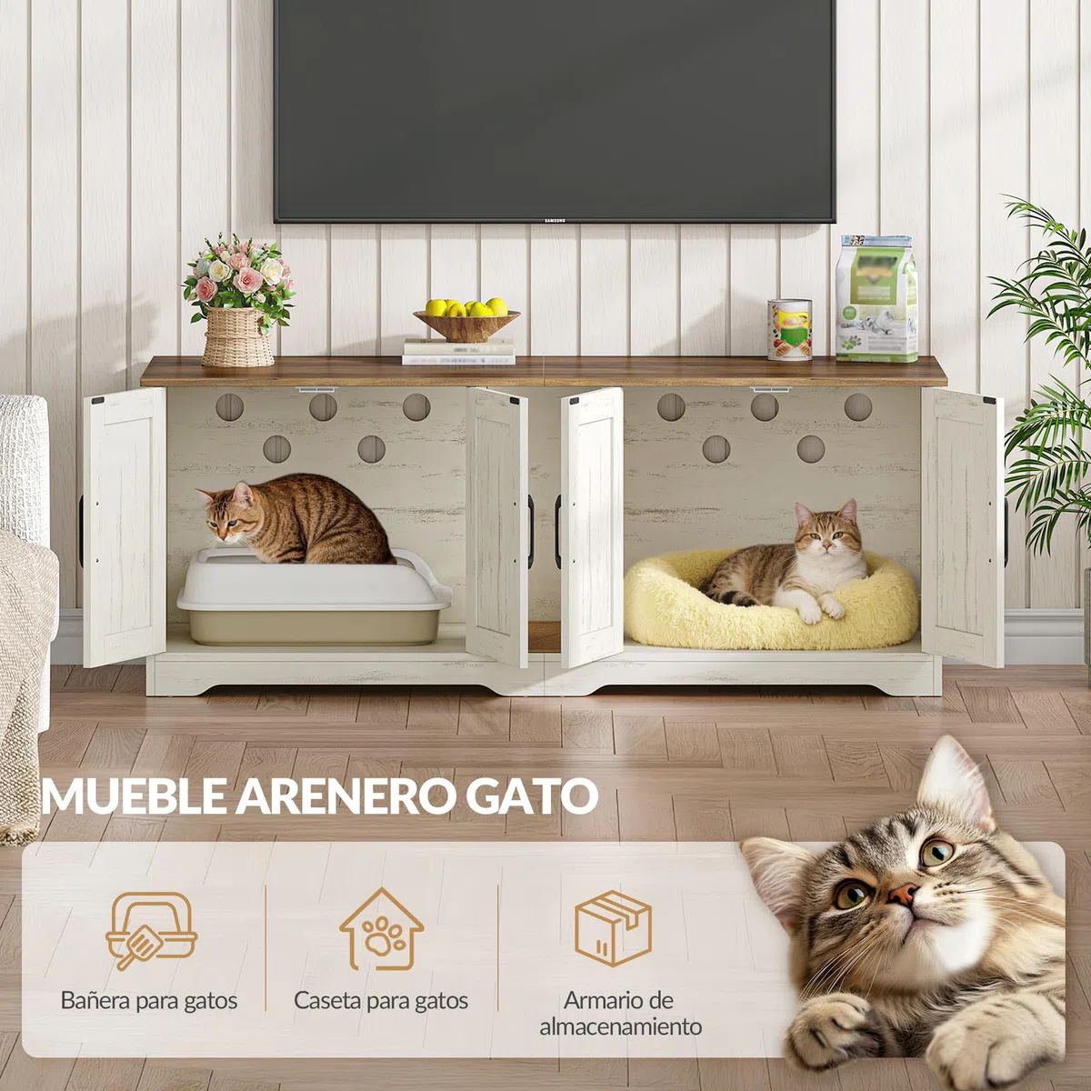 Mueble Arenero Gato para 2 Gatos, 140x50x55 cm, Marrón y Blanco | Mueble para Caja de Arena Oculta, Armario para Gatos con Alfombrilla para Rascar, Caseta Madera para Gato de Interior