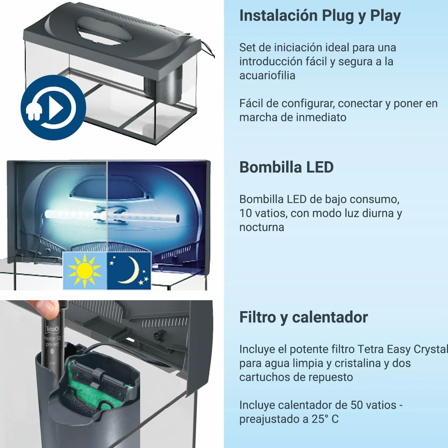 Tetra Starter Line LED 54L Acuario de Inicio Blanco, Bombilla LED con Modo luz Diurna/Nocturna