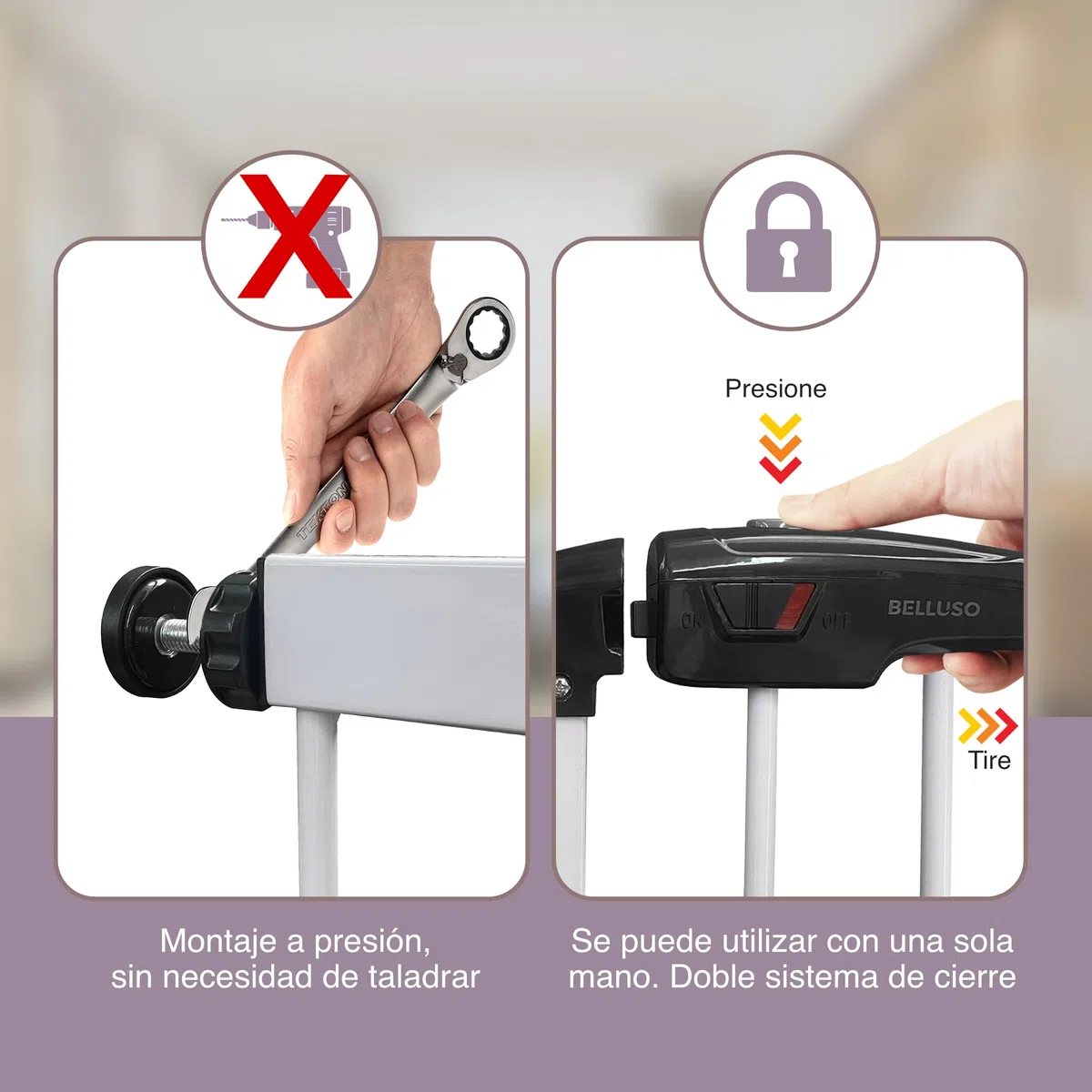 Barrera Seguridad Extra Alta (90cm) y Extensible (76-121cm) | Barrera para Perros y Pequeños de la Casa con Sistema Doble de Cierre Automático y Montada a Presion. Vallas para Perros para Varias Areas