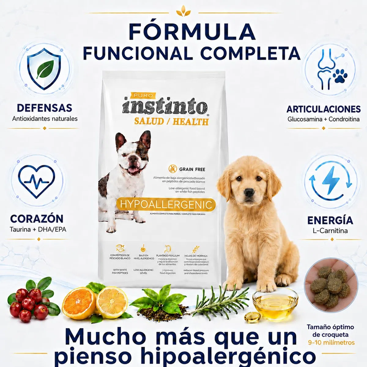 Pienso Hipoalergénico para Perros Hidrolizado de Pescado Blanco Sin Cereales Grain Free Alta Digestibilidad y Cuidado de la Piel atopica Todas Las Razas y tamaños - 10 kg - PURO INSTINTO Salud