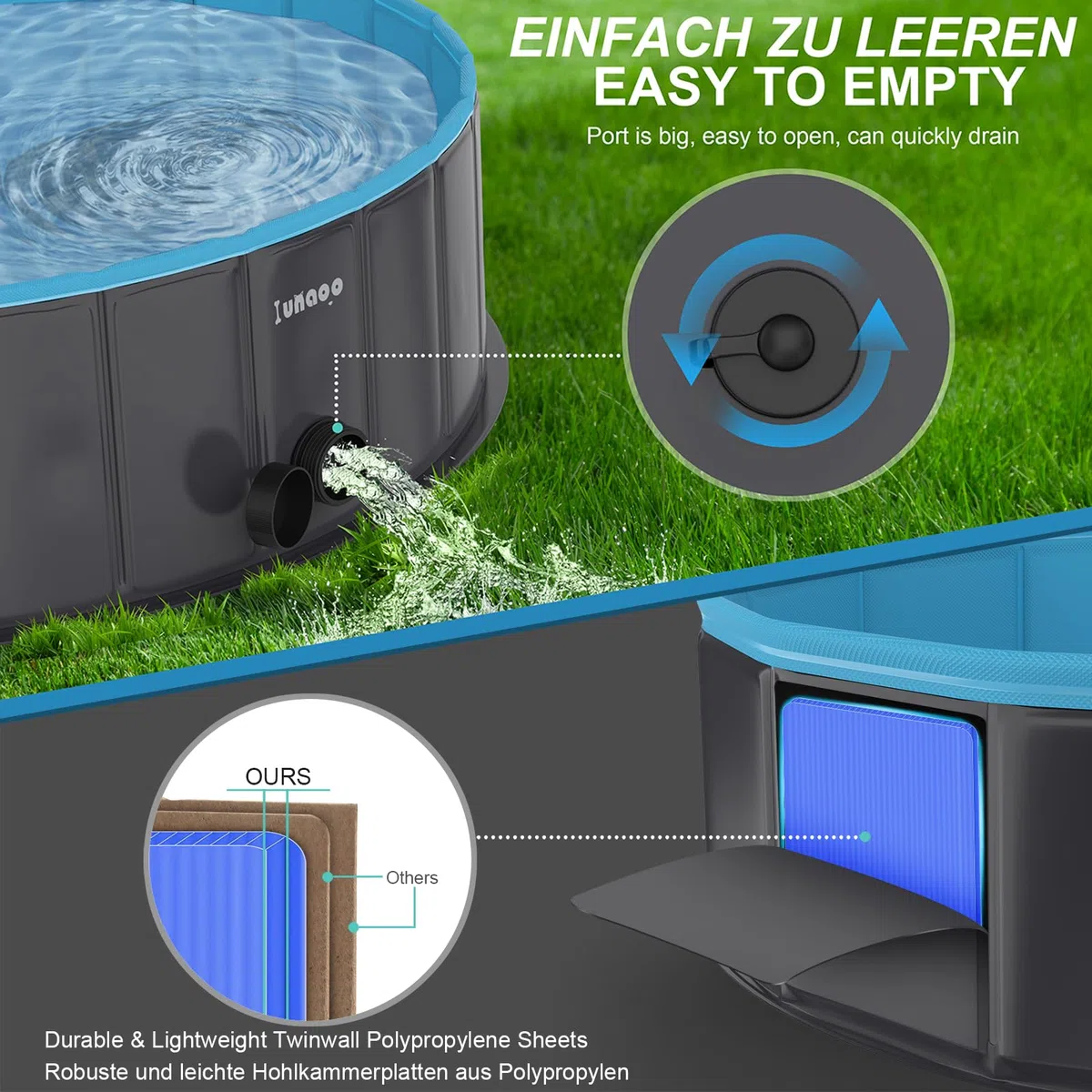 Piscina para Perros, Bañera Plegable para Mascotas, Antideslizante y Resistente al Desgaste Bañera para Niños Natación Piscina para Mascotas Perros Grandes y Pequeños, Azul Claro, 160 x 30 cm