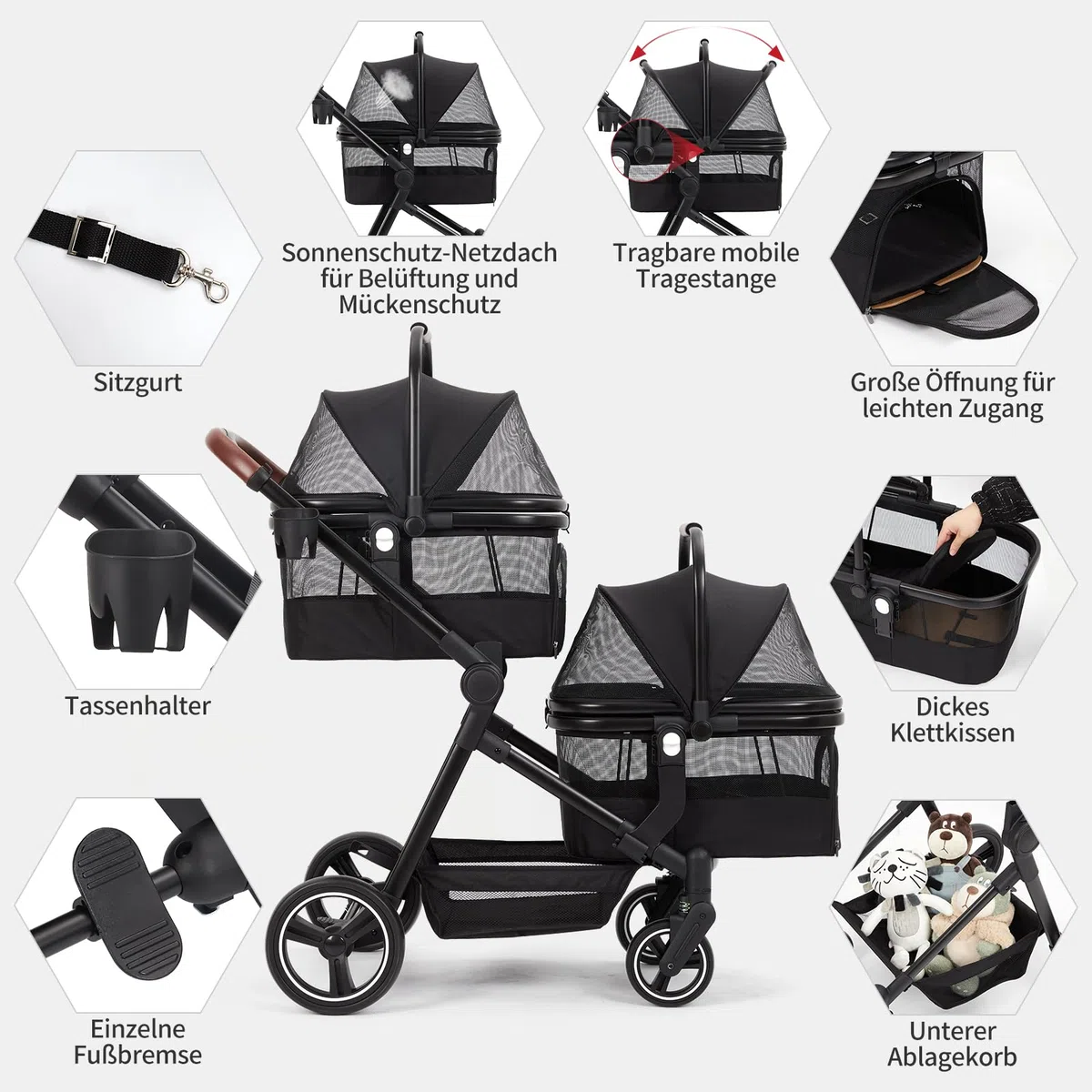 Carrito doble para mascotas 2 en 1, 3 en 1, con bolsa de transporte y asiento de coche, cochecito plegable para mascotas con capacidad de 50 LBS y amortiguador de golpes para perros y gatos