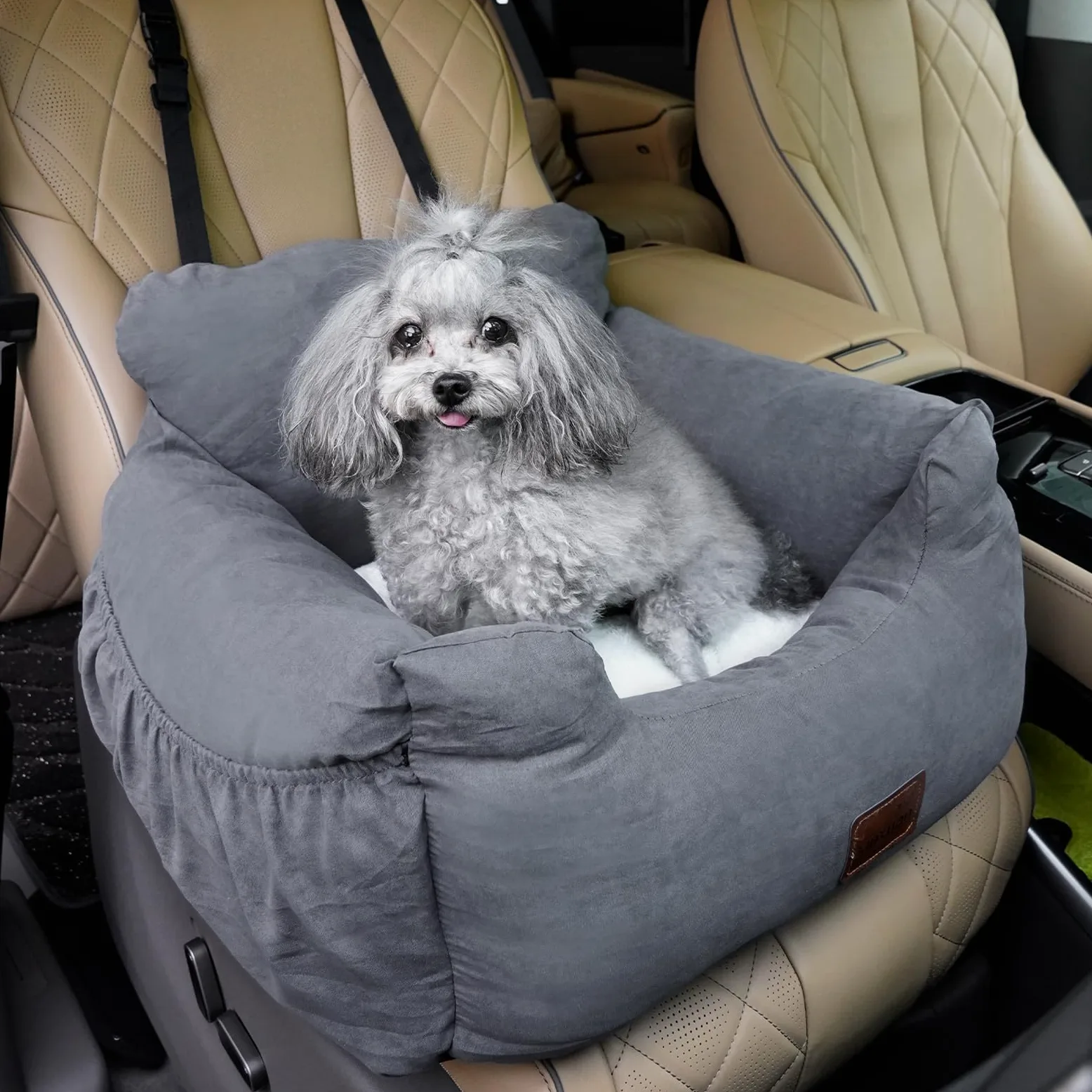 Asiento Perro Coche Pequeño Mediano,Asiento Elevador de Coche para Perros y Gatos,Asiento de Seguridad para Mascotas con Bolsa de Almacenamiento de Arnés, se Puede Desmontar (Gris, Medio)