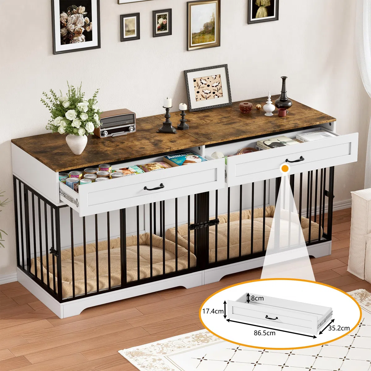 Jaula para Perros Grandes Interior Estilo Mueble Casa para Perros con 2 Cajones Caja para Perros Grande para Casa de Madera Jaula Mueble de Madera para Perro XXL, hasta 100KG, 178x58x85CM