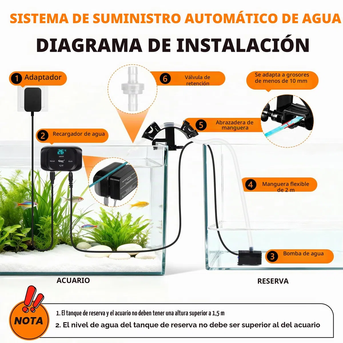 Hygger Sistema ATO Automático para Acuario, Sistema de Reabastecimiento de Agua para Peceras con Sumergible Bomba, Kit Controlador Sistema de Recarga Automática de Nivel de Agua para Acuario