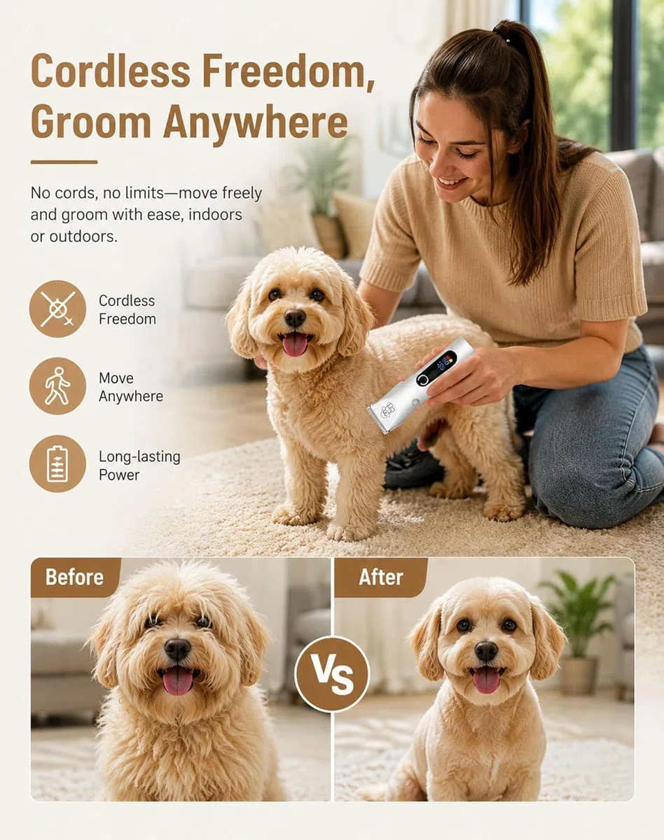 Moravon Maquina Cortar Pelo Perros, Cortapelos Profesional Para Perros Y Gatos, Kit De Aseo Inalámbrico, Recargable Y Silencioso Para Mascotas Con Cuchillas De Cerámica Afiladas Y Pantalla LED (Set A)