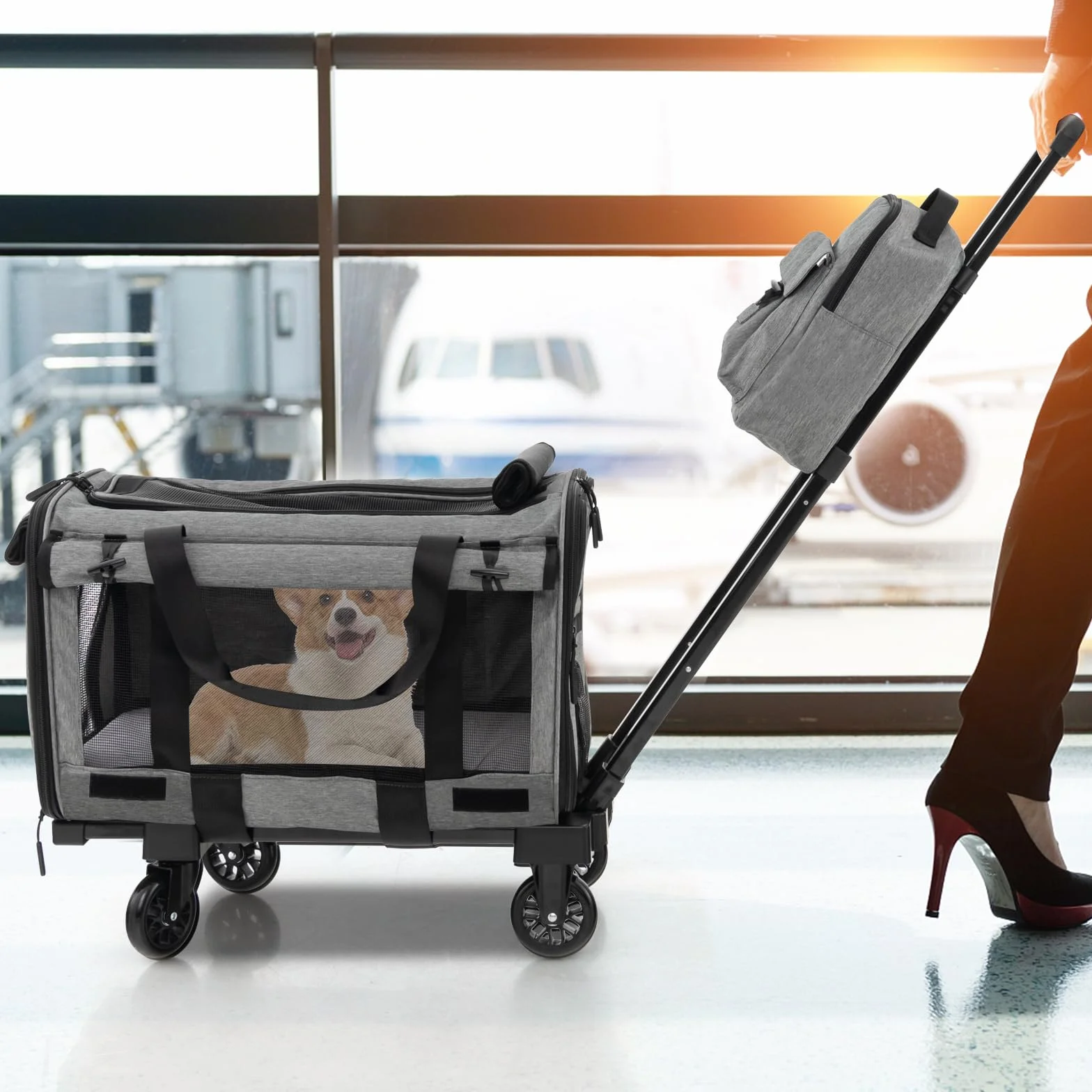 COSTWAY Transportín Plegable con Ruedas para Mascotas, Bolsa Trasportín de Viaje para Perros Gatos, Transportador con Almohadillas y Manija Telescópica para Mascotas Pequeñas Medianas