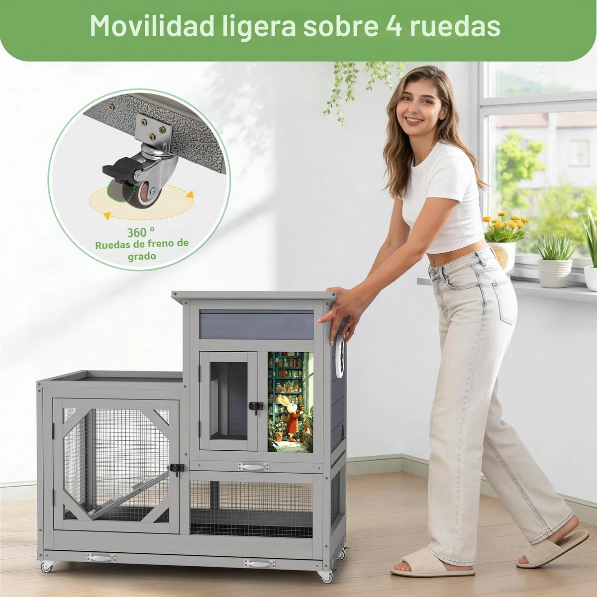Jaula para conejos con área de juego al aire libre, de 2 pisos con ruedas, con gran cajón, techo de asfalto impermeable - Corral de madera para conejos afuera y adentro, para cobayas