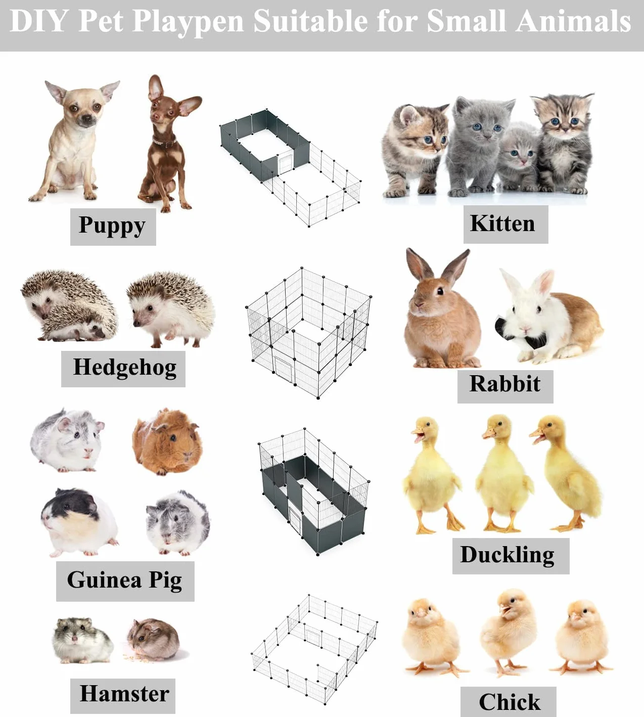 PILIN DIY Corral para Animales pequeños con Puerta, Corral para Conejos y cobayas, para Cachorros y Gatitos, para Interior y Exterior, Valla metálica portátil 30x38 12 Piezas