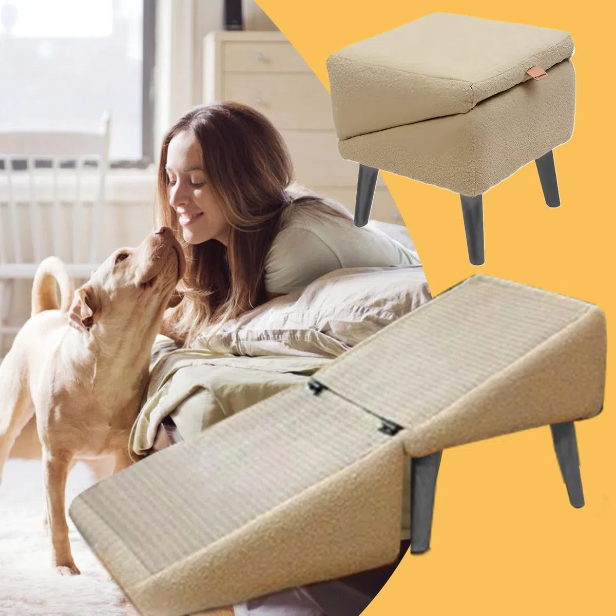 Rampa para Perros En Dos Partes, Plegables Escaleras para Perros Pequeños, Escalones 2 En 1 para Mascotas, Taburete Antideslizante para Mascotas, Rampa para Sofá, Cama, Silla Y Coche(Caqui)