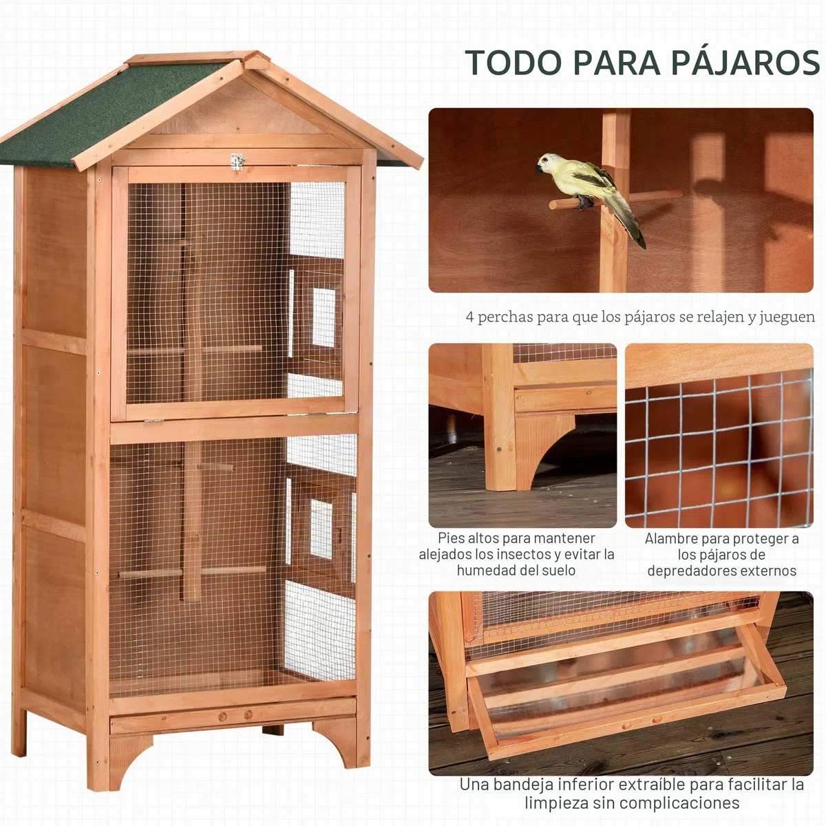 PawHut Jaula para Pájaros de Madera con 3 Puertas 80,5x57x153 cm Natural | 4 Perchas, Bandeja Extraíble, Techo Asfáltico