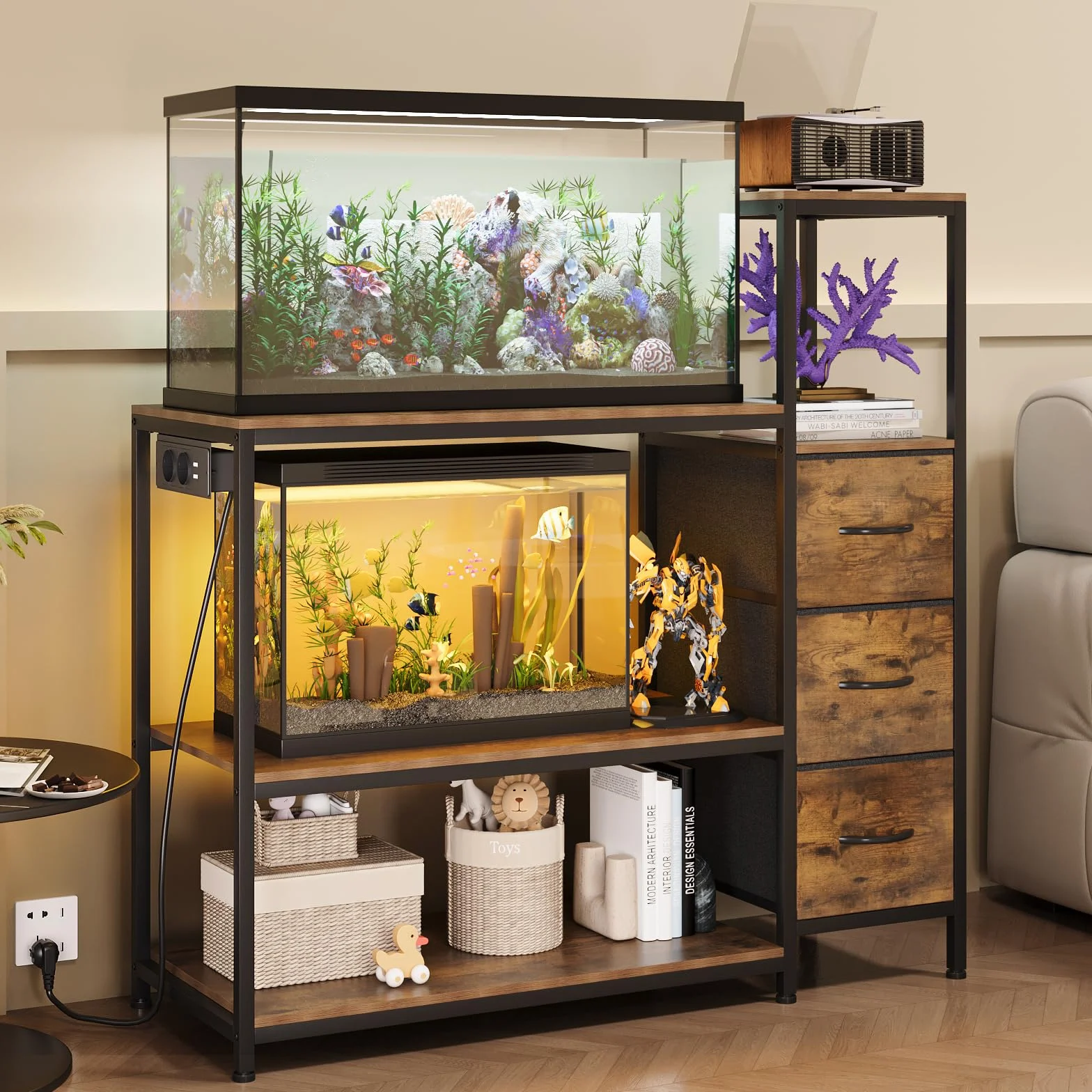 VEDECASA Soporte para acuario de 20 galones, armario inferior con enchufes de red, estantería para acuarios con 3 cajones, mesa de acuario de 3 niveles para acuarios, reptiles y terrarios (marrón)