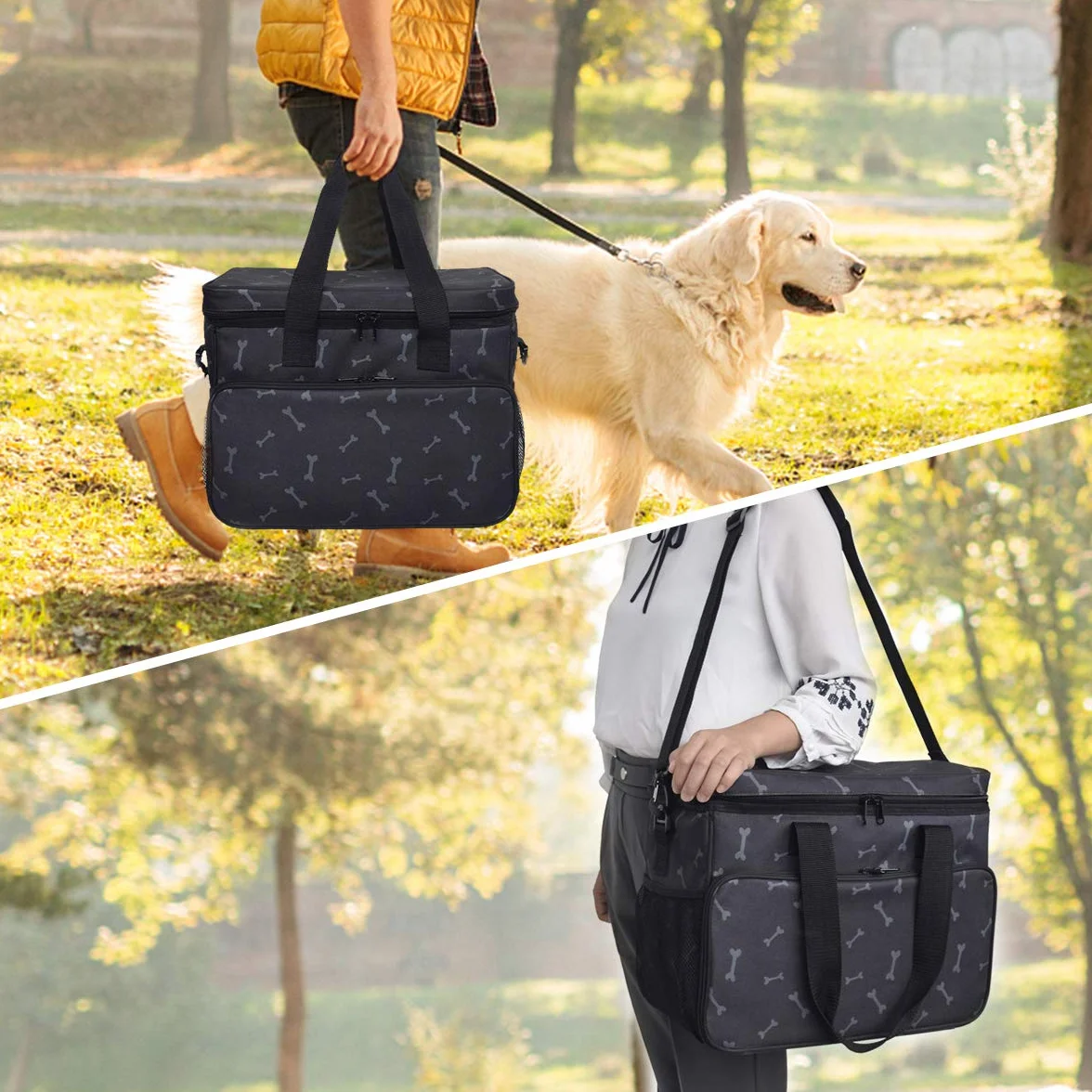 Zwini Bolsa de viaje para perros de almacenamiento lavable bolsa térmica con compartimentos, alimentador plegable y bebedor (A)
