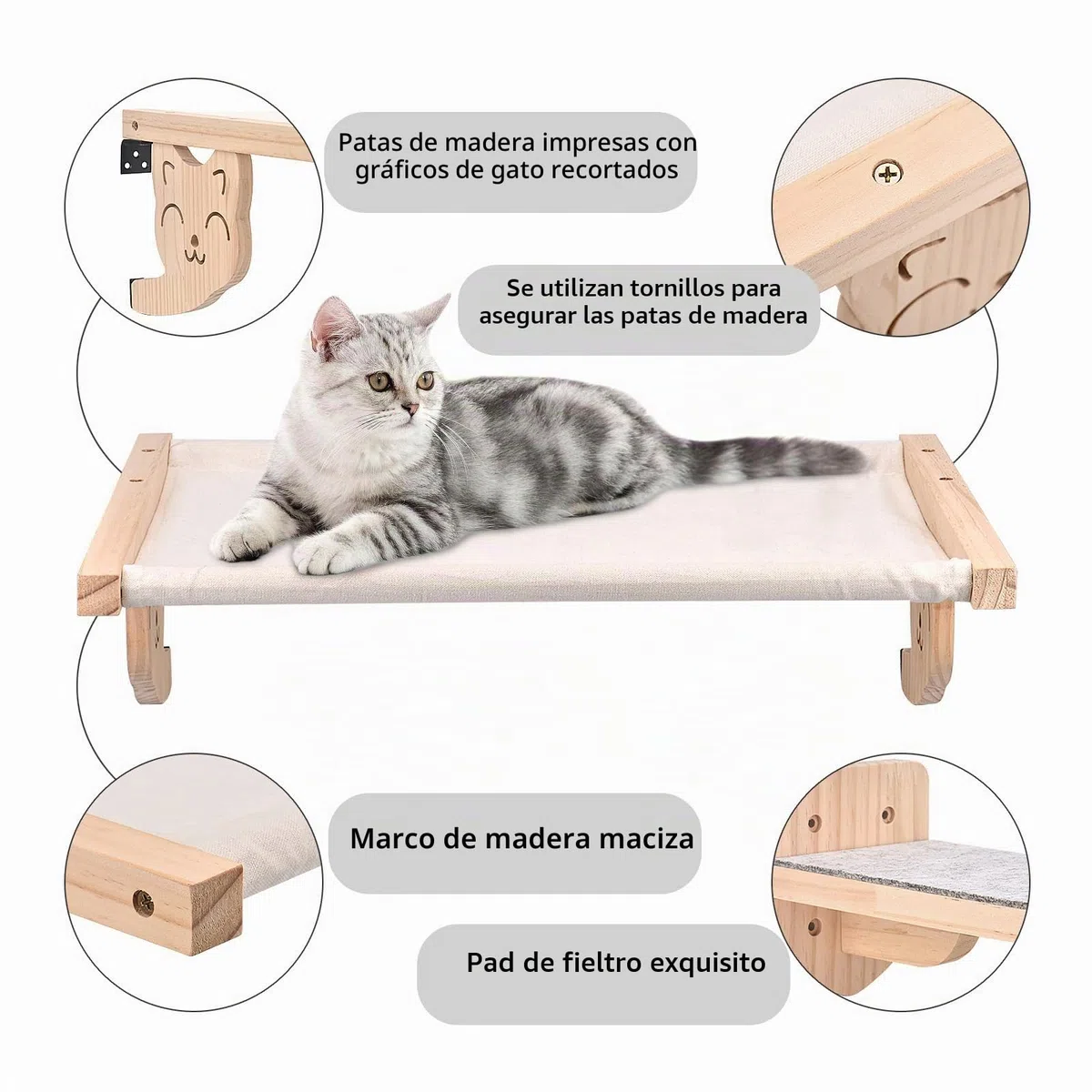Hamaca para gatos montada en la pared, muebles de madera para gatos, estantes y barras de asiento, plataforma para dormir y jugar