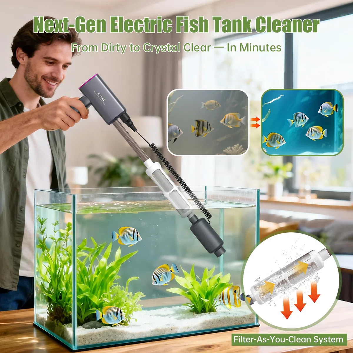 Aspiradora inalámbrica de grava para acuarios: limpiador eléctrico 6 en 1 para peceras, cambiador automático de agua recargable y de succión fuerte, control táctil, se adapta a tanques de 5 a