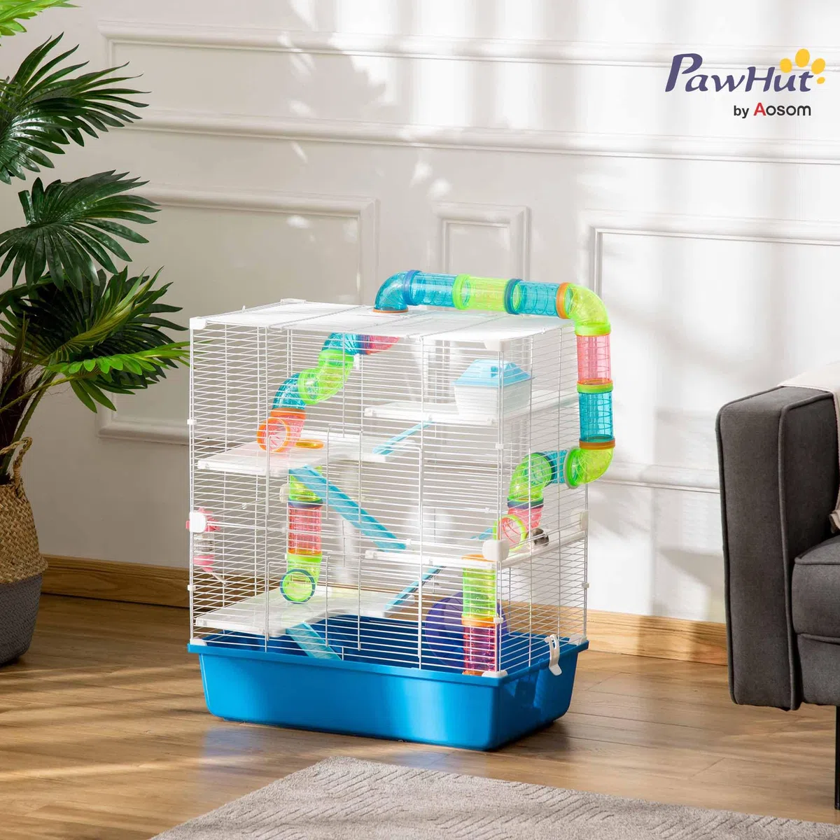 PawHut Jaula para Hámster 59x36x69 cm Casa para Animales Pequeños con Túnel Plataformas Cuenco Bebedero Casita Rampas y Rueda de Ejercicio Azul
