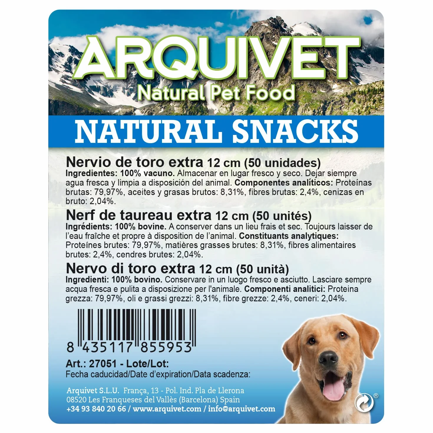 Arquivet Nervio de Toro - Snacks Naturales para Perros - Golosinas Perro - Chuches Perro - Premios Perro - Nervio de Toro en Barra - 12 cm Extra (Bolsa 50 uds.)