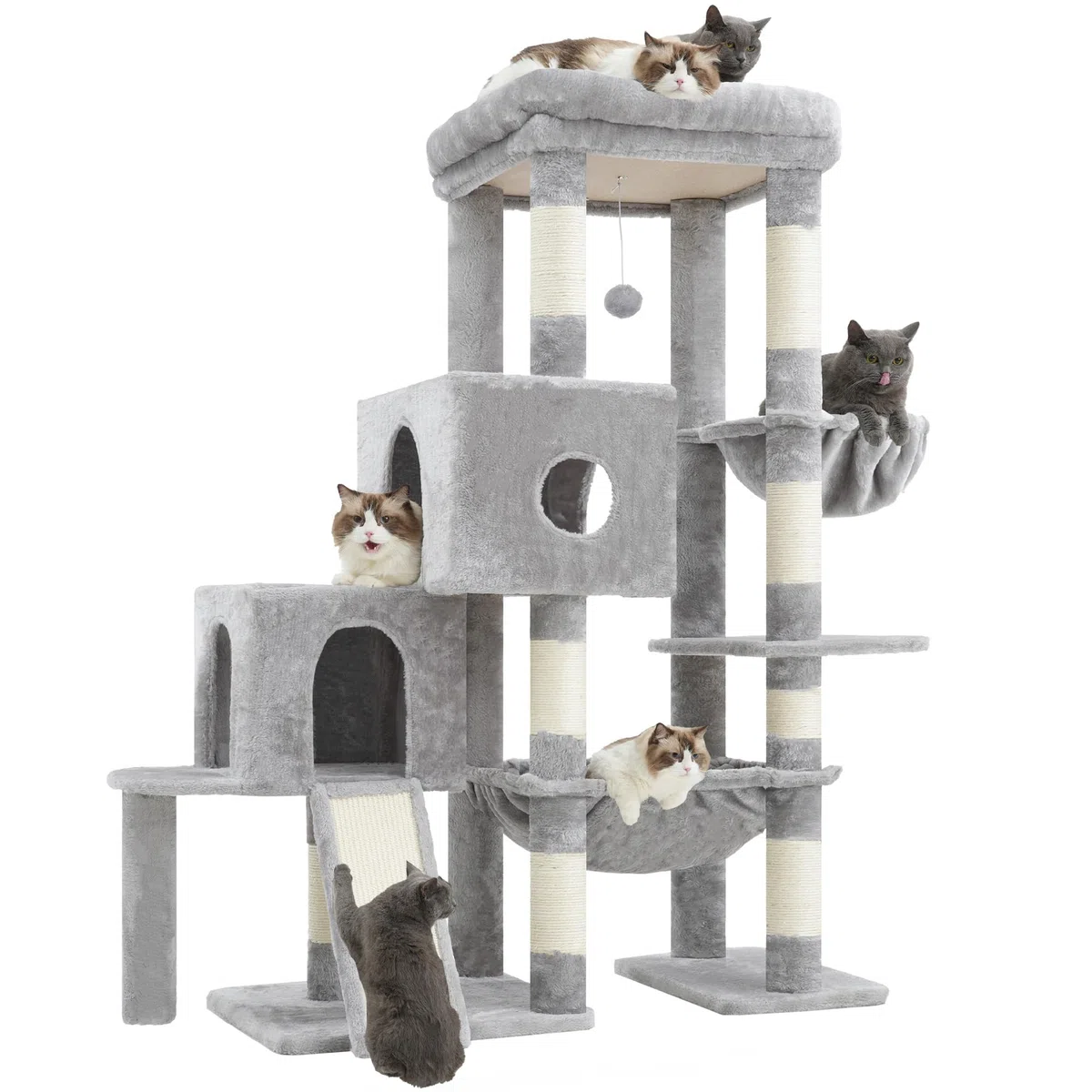 Hey-brother Árbol para Gatos, Rascador para Gatos con una Gran Plataforma, Estructura escalonada, con 2 nidos para Gatos, una Hamaca espaciosa, un rascador de sisal y una Cesta, Gris Claro MPJ071W