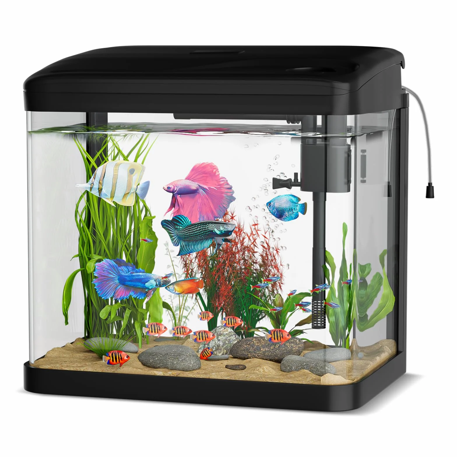 Acuario de Cristal, GuKKK Acuarios y Peceras Completas,Pecera con Sistema de Filtrado Integrado e Iluminación LED,Bajo Ruido y Silencioso,Acuarios de Iniciación, Negro (6L)