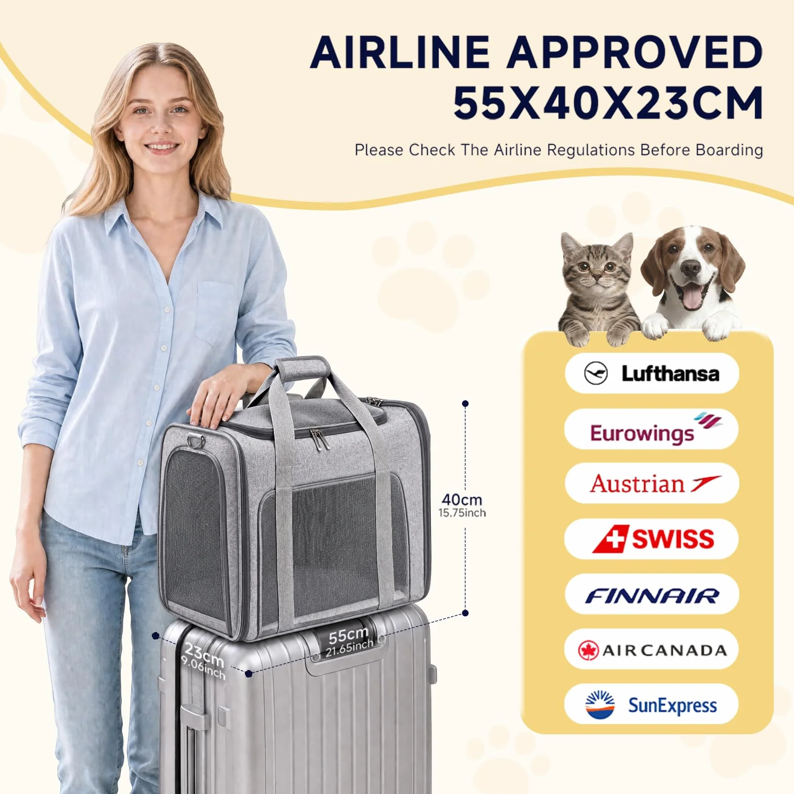 55x40x23cm Transportin Gato Homologado para Avion Cabina, Plegable Bolsa de Transportin Perro Grande Transpirable Cat Carrier con Bebedero Plegable para Gatos y Perros, Air Europa Aerolineas