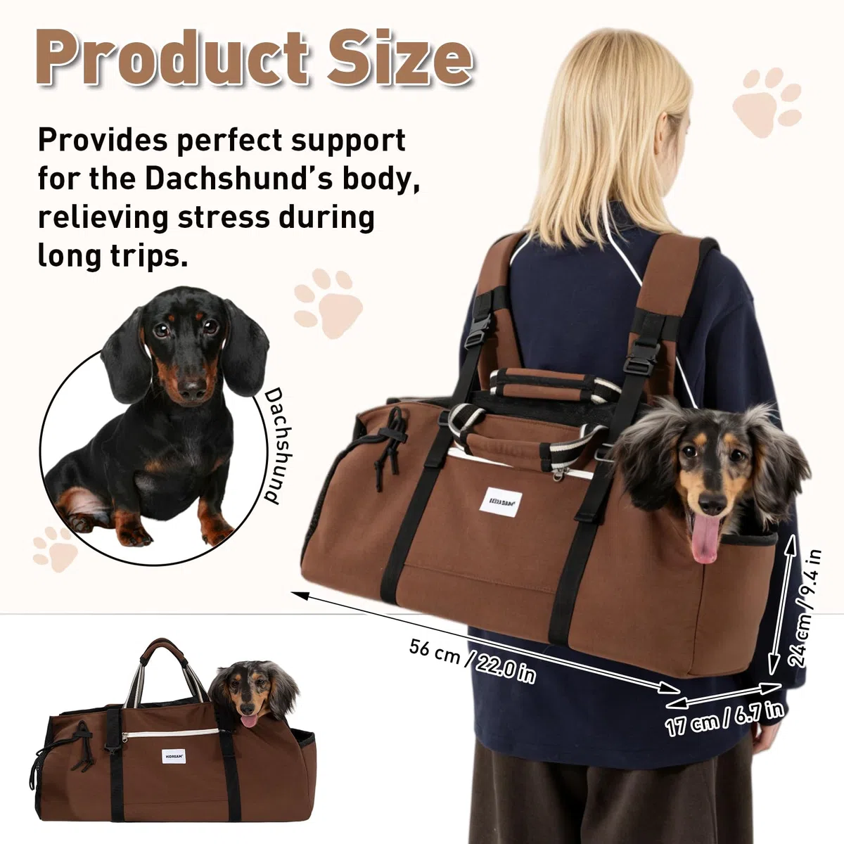Dachshund - Bolsa transportadora para mascotas, 2 en 1, de mano y hombro, bolsa de viaje de nailon impermeable para perros y gatos pequeños de cuerpo largo, hasta 8 kg con cojín de apoyo y