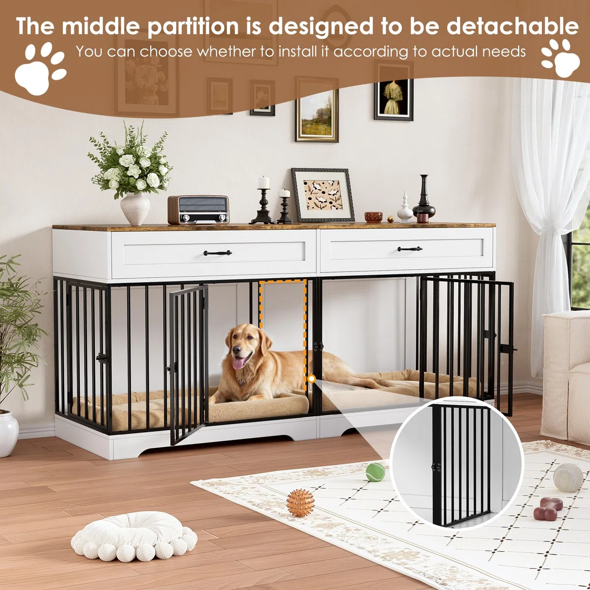 Jaula para Perros Grandes Interior Estilo Mueble Casa para Perros con 2 Cajones Caja para Perros Grande para Casa de Madera Jaula Mueble de Madera para Perro XXL, hasta 100KG, 178x58x85CM