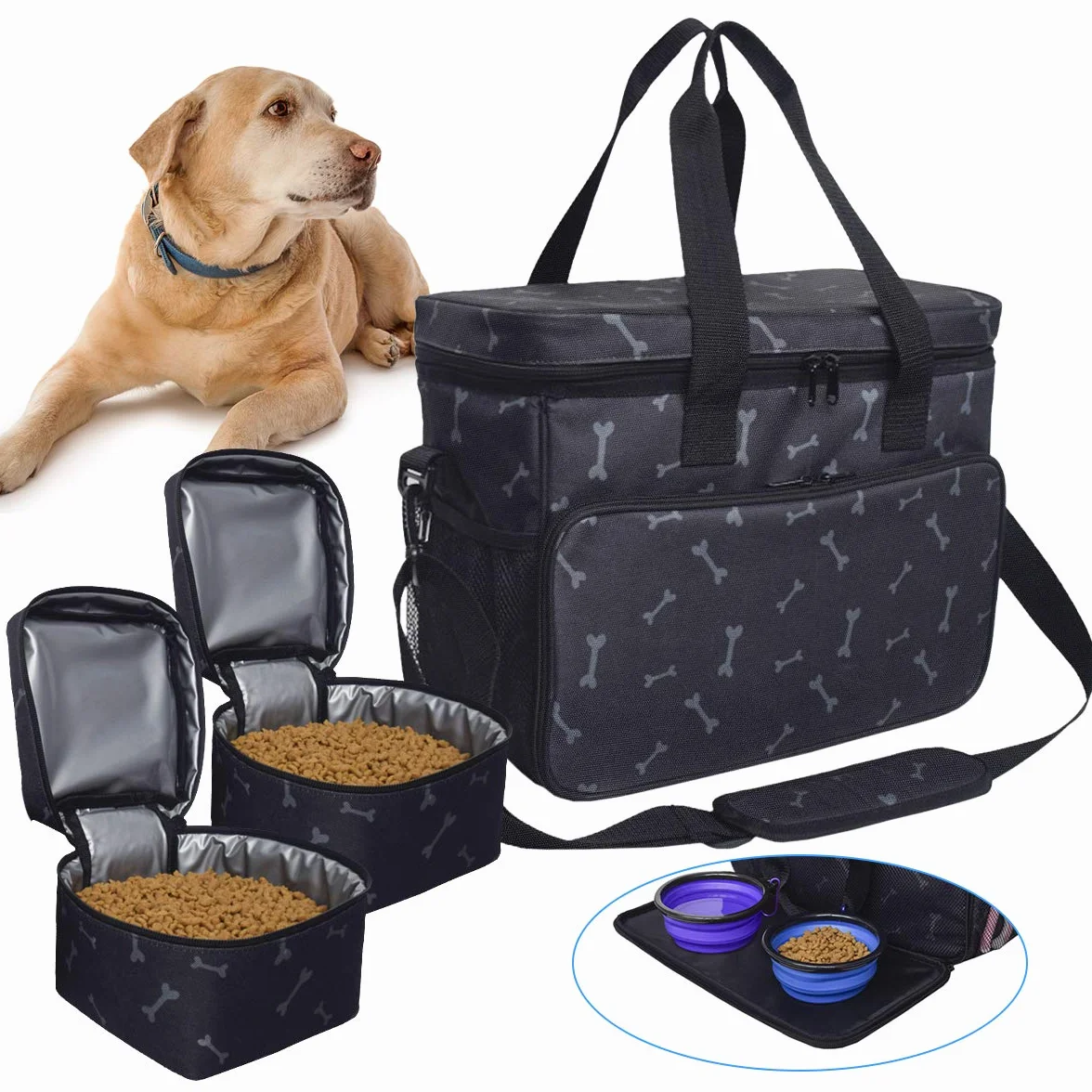 Zwini Bolsa de viaje para perros de almacenamiento lavable bolsa térmica con compartimentos, alimentador plegable y bebedor (A)