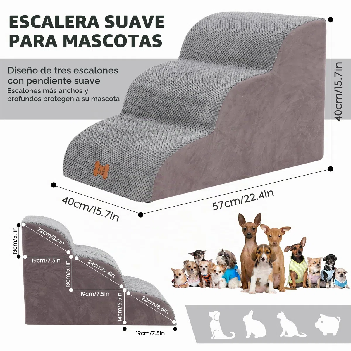 Escalera para perros de 3 peldaños, escalera de esponja para perros, rampa antideslizante para mascotas, escaleras para sofá y cama, con cubierta extraíble lavable, 57 x 40 x 40 cm, gris