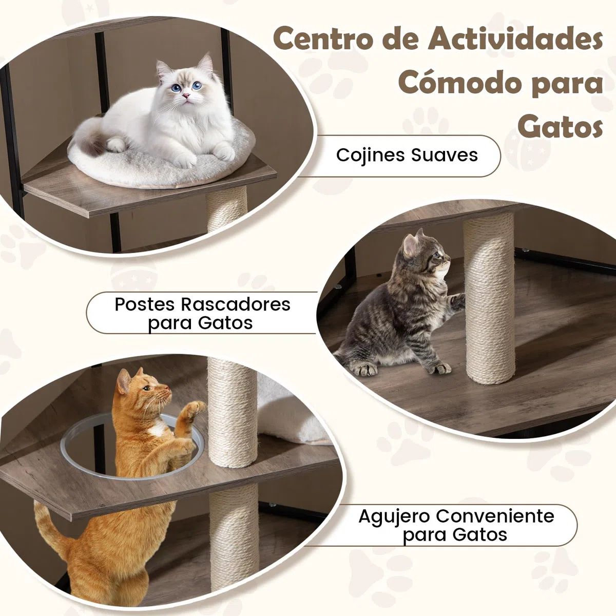 COSTWAY Árbol Rascador con Arenero para Gatos, Mueble para Gatos con 2 Postes Rascadores, 3 Alfombras, Agujero, Marco Metálico, Bola Colgante, Casa para Gatitos de Madera, 80 x 48 x 145 cm, Marrón