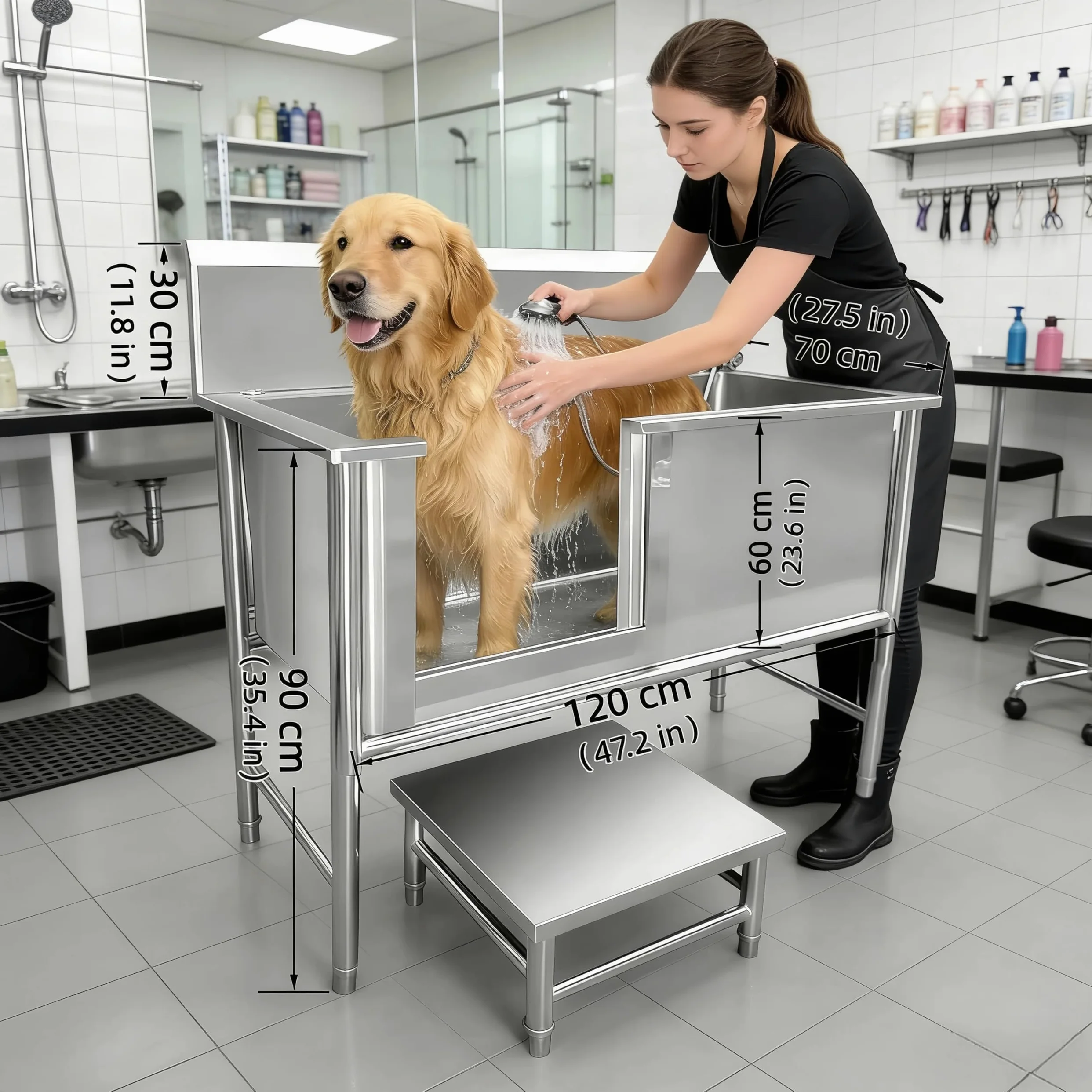 Genérico Estación de Lavado para Perros de Acero Inoxidable Bañera Profesional – con Puerta Corredera, Escalera y Grifo Extraíble Alfombrilla Antideslizante-Bañeras Profesionales