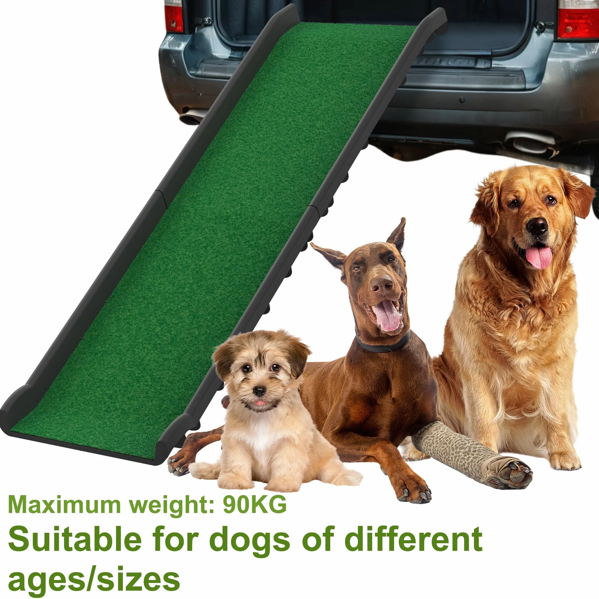 FIVMEN Rampa para perros plegable para coche, escaleras para perros, antideslizante, hasta 90 kg, 156 x 40 cm, rampa para perros, para SUV, grandes animales pequeños, con césped