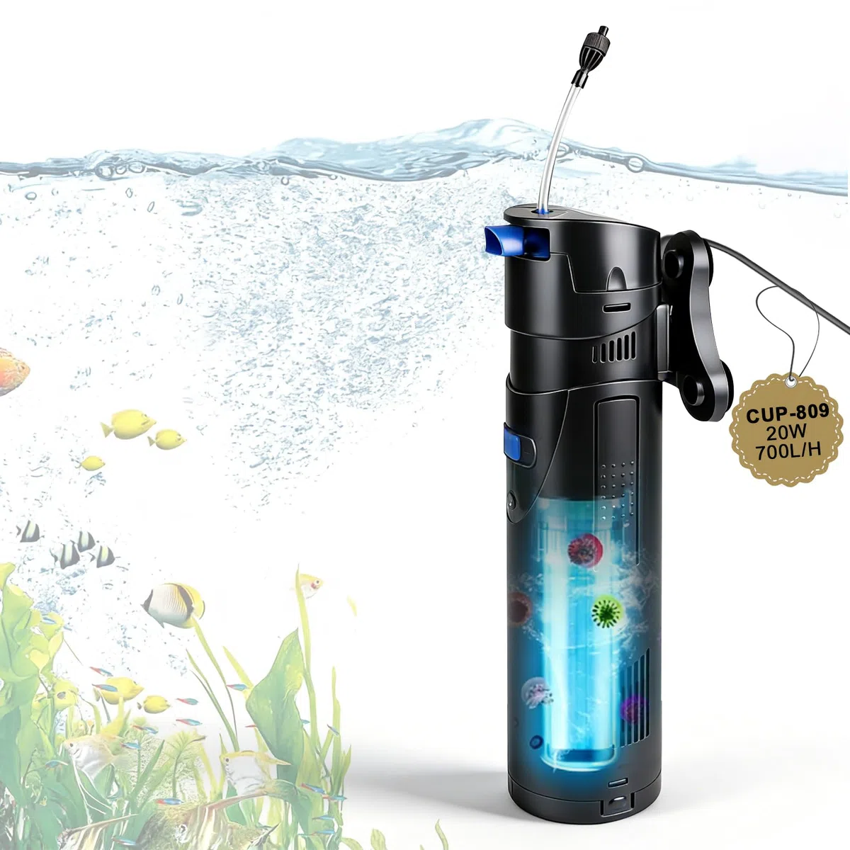 EXLECO Filtro Acuario 4 en 1 para Pecera, Depuradora con Lámpara UV 9W y Purificador 700 L/h 20w, con Bomba, Skimmer, Esponja y Medios, Ideal para Peceras 150-300L, Tortuguera para Tortugas de Agua