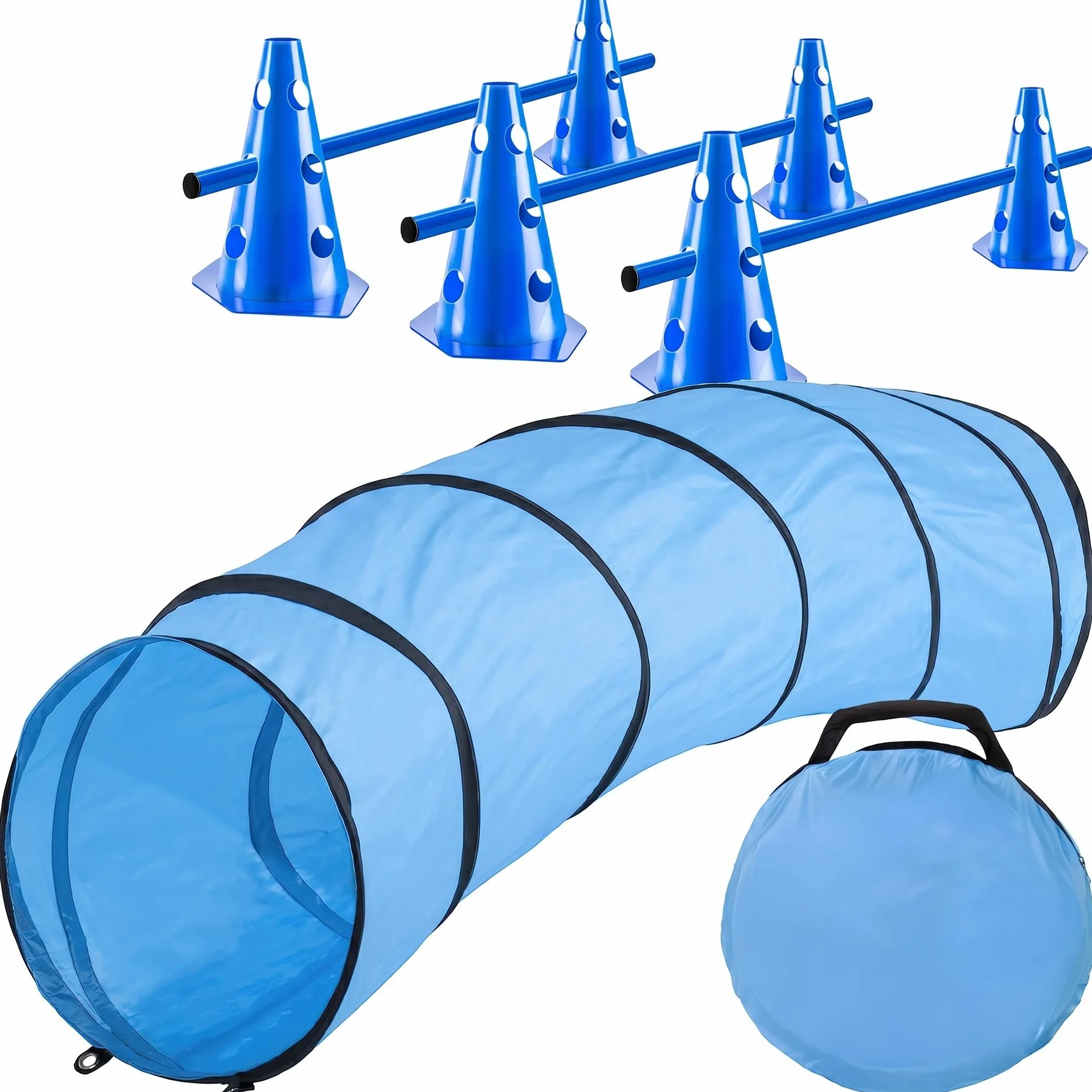 Túnel de Agilidad para Perros - Conjunto de Accesorios de Agilidad para Perros Que Incluye estacas, Bolsa de Transporte, Juguete Lanzador de Frisbee y Vallas con Conos (Set: 200 cm + Accesorios)