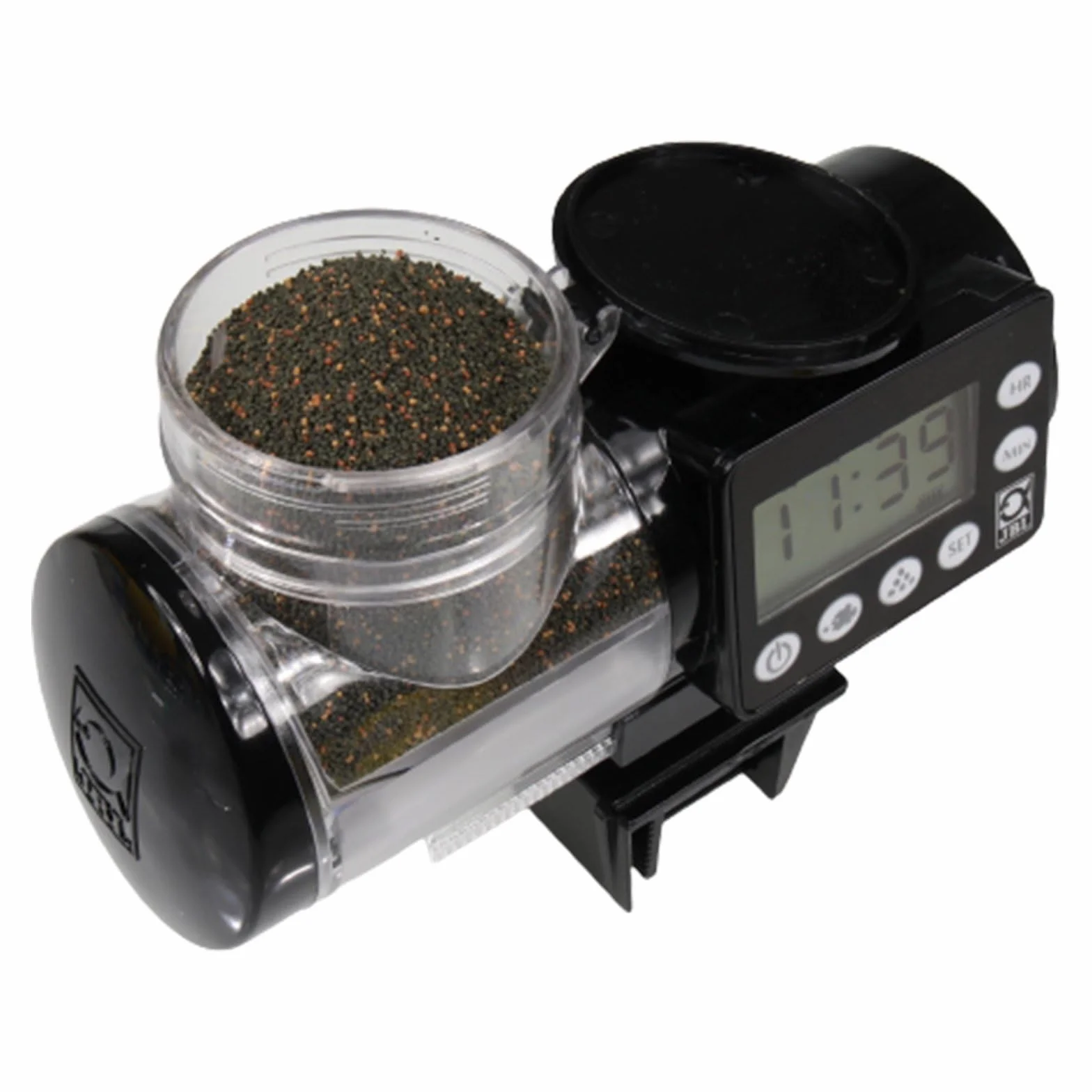 JBL PRONOVO AUTOFOOD - Comedero automático para acuario, alimentación con gránulos de pienso para peces hasta 4 veces al día, incluye soporte y anillo adaptador para ampliar el volumen a 375 ml, color