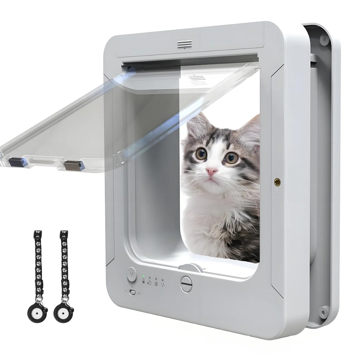 Denash Puerta de Gato con Sensor de Cuello,Puerta de Gato de Detección Automática con 2 Collares Magnéticos de Gato,Puerta de Mascota Activada por Collar para Uso Interior/Exterior