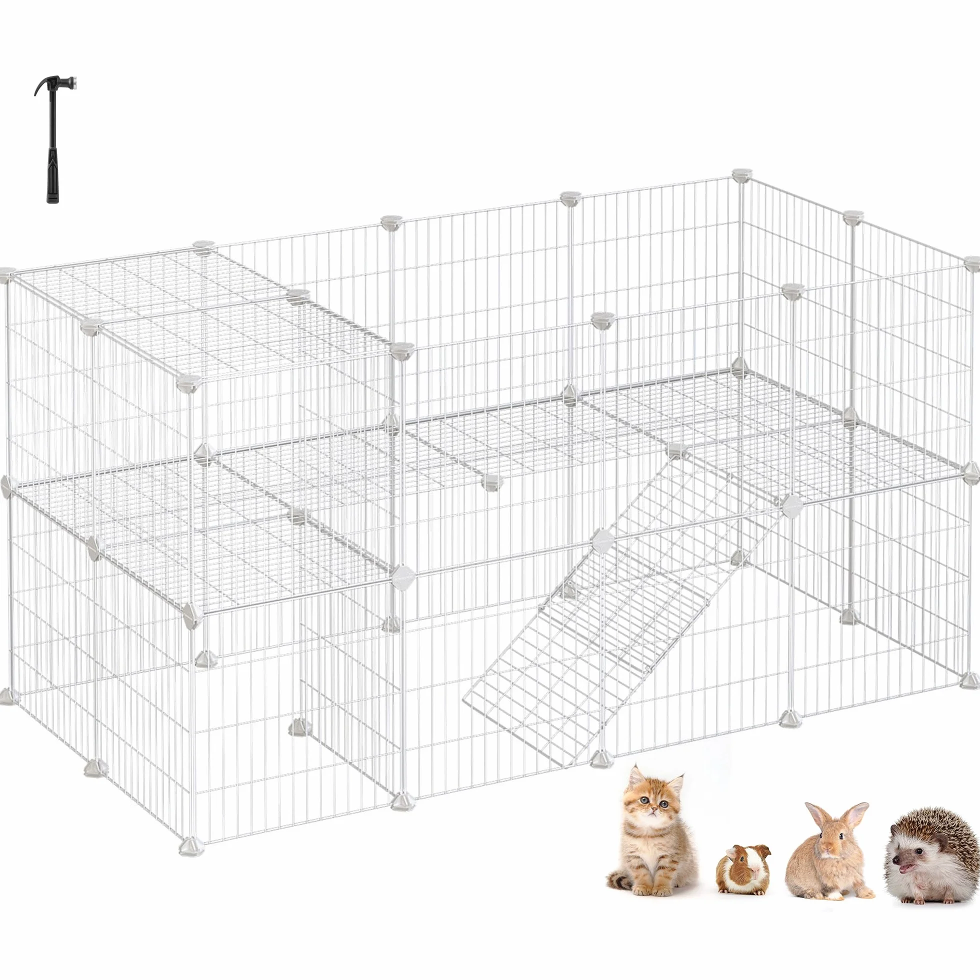SONGMICS Valla para Mascotas 2 Niveles, Recinto modulable, para Animales pequeños, hámsters, Conejos, Cerdo Pavo, Paneles de Malla para Uso Interior, 143 x 73 x 71 cm, Blanco LPI02W