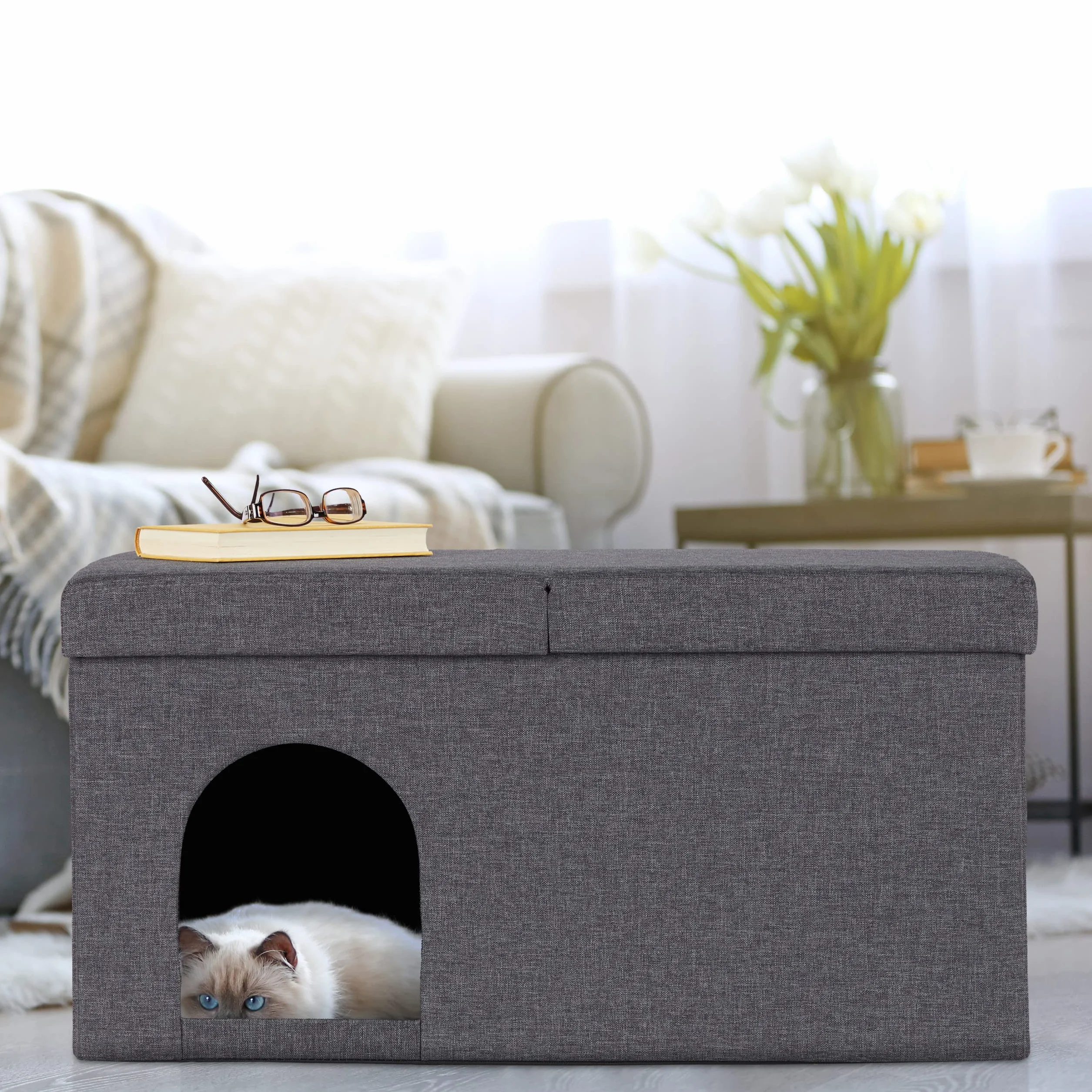 Relaxdays Casa Gato con Banco, Cueva Gatito Plegable, Accesorios Gatunos Interior, Escondite, 38,5 x 74,5 x 37 cm, Gris