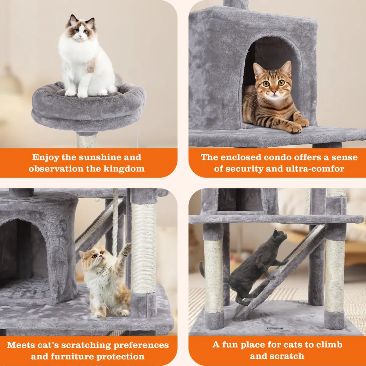 Nobleza - Árbol para Gatos, Altura 161 cm, con 5 Postes Rascadores, 5 Plataformas, 2 Cueva,1 Escalera, pompón, Cuerda de sisal, Tela de Felpa, Rascador Multinivel para Gatos Grandes,Gris