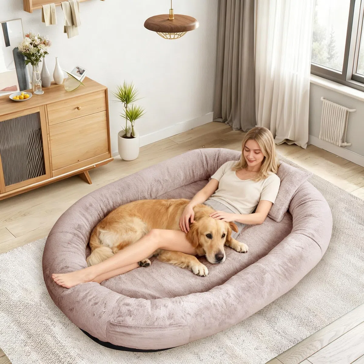 FURRYFECTION Cama para Perros para Personas, 180x114x35,6cm, Cama Grande para Perros de tamaño Humano para Adultos y Mascotas, Funda de Piel sintética Lavable, Cama Gigante para Siesta con Manta
