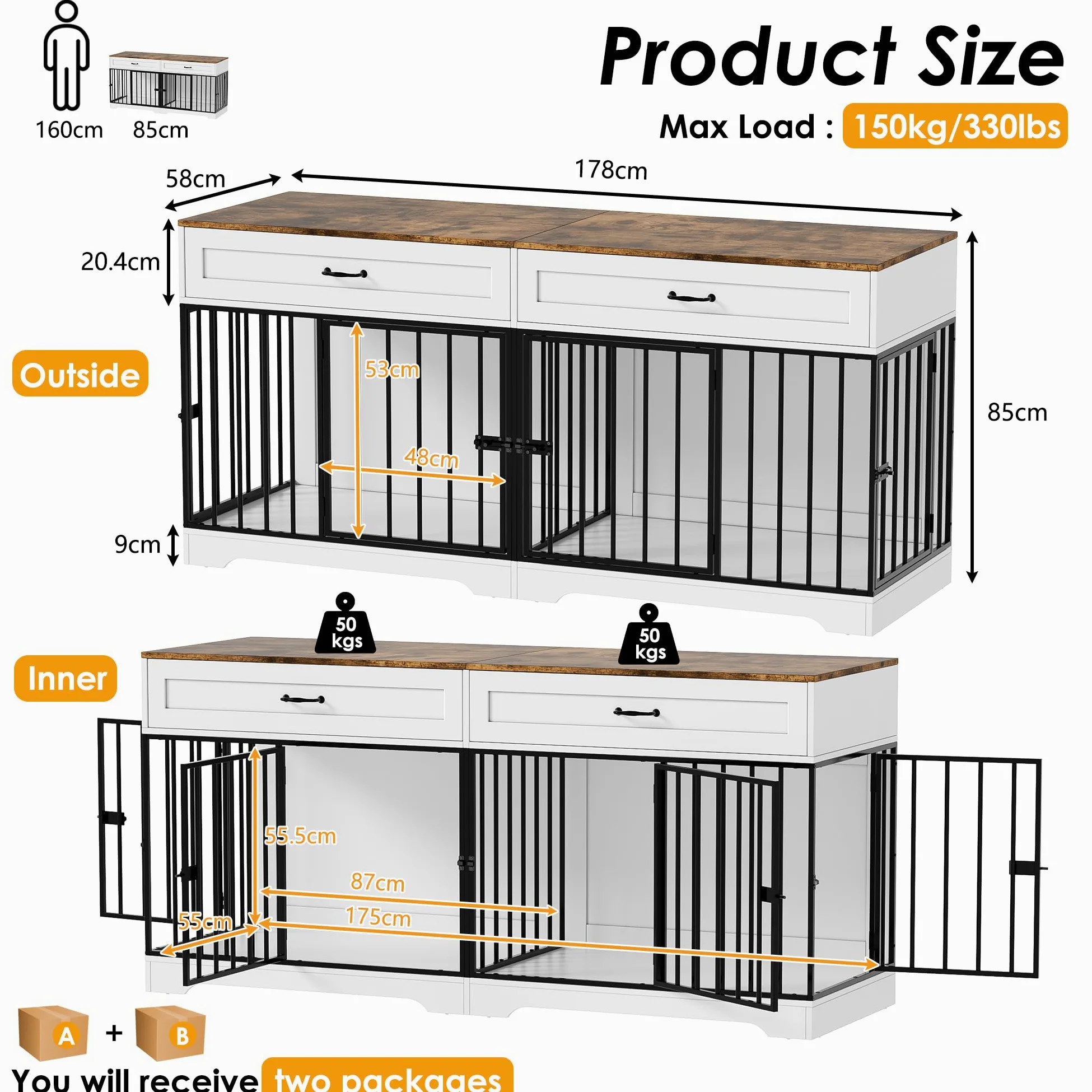 Jaula para Perros Grandes Interior Estilo Mueble Casa para Perros con 2 Cajones Caja para Perros Grande para Casa de Madera Jaula Mueble de Madera para Perro XXL, hasta 100KG, 178x58x85CM