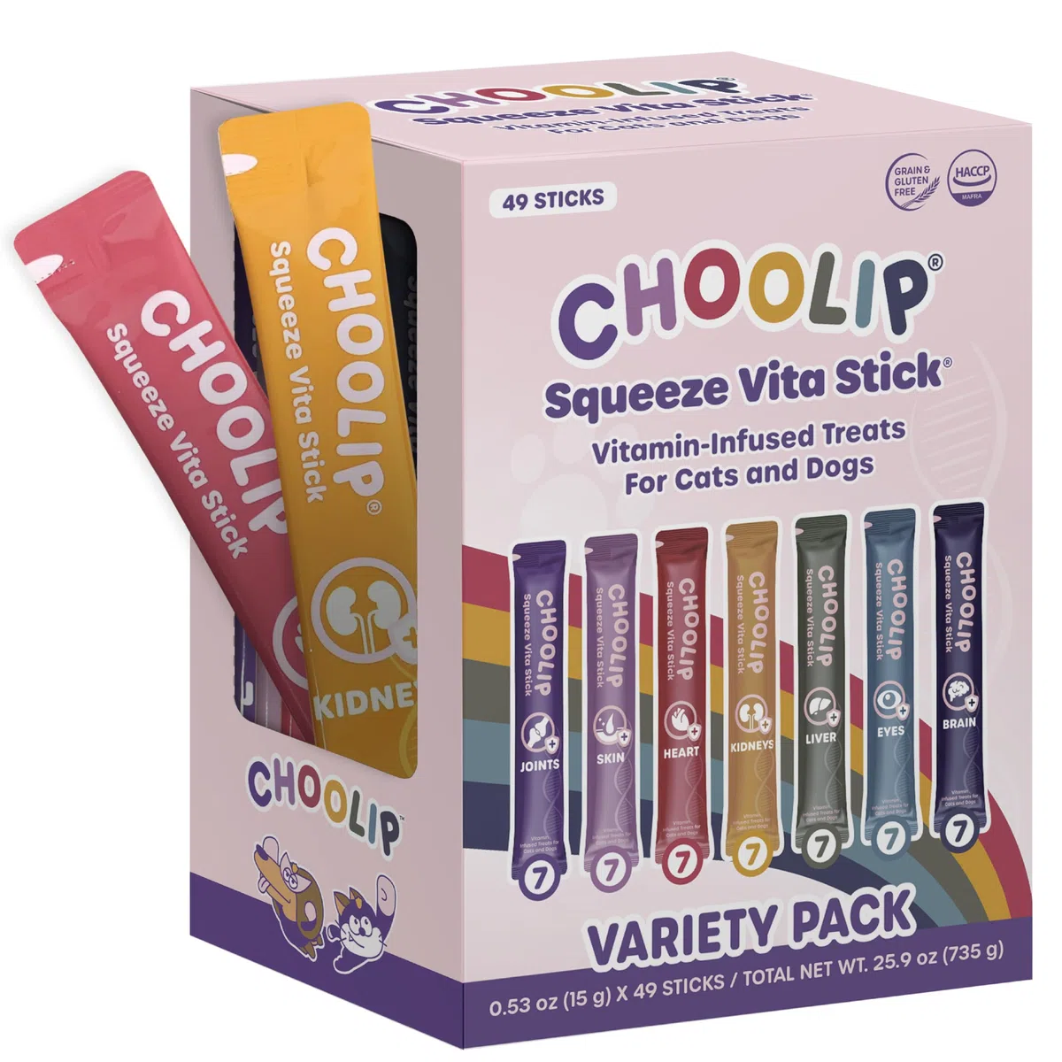 Choolip Golosinas para lamer Squeeze Vita Stick para Perros y Gatos. 49 barritas variadas de Apoyo con multivitaminas Esenciales. Pasta Suave y Sabrosa para Todas Las etapas de la Vida