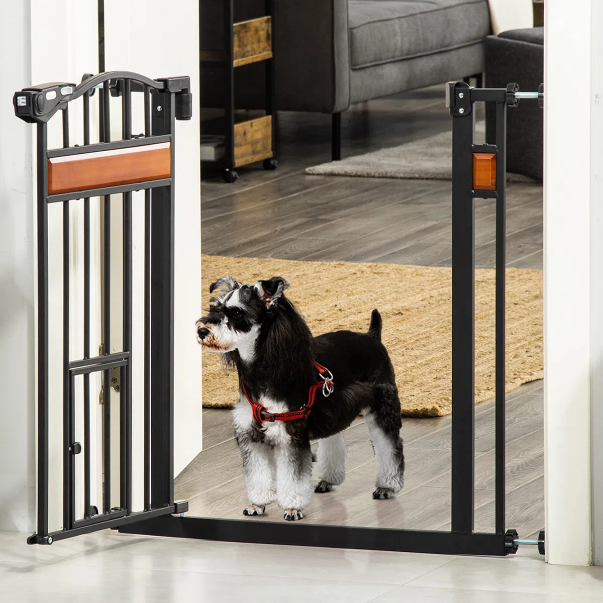 Pawhut Puerta para perros con fijación a presión, barrera de seguridad extensible de 74-80 cm, con cierre automático, negro