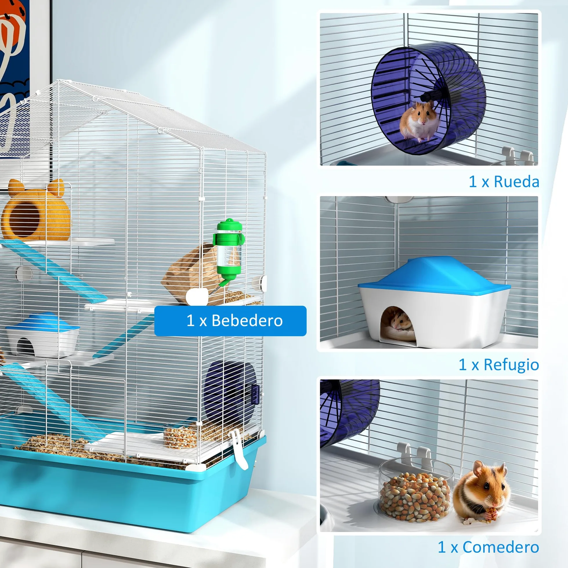 PawHut Jaula para Hámster de 5 Niveles Casa para Animales Pequeños con Plataformas Cuenco Bebedero Casita Rampas y Rueda de Ejercicio 58x36x81 cm Azul Claro