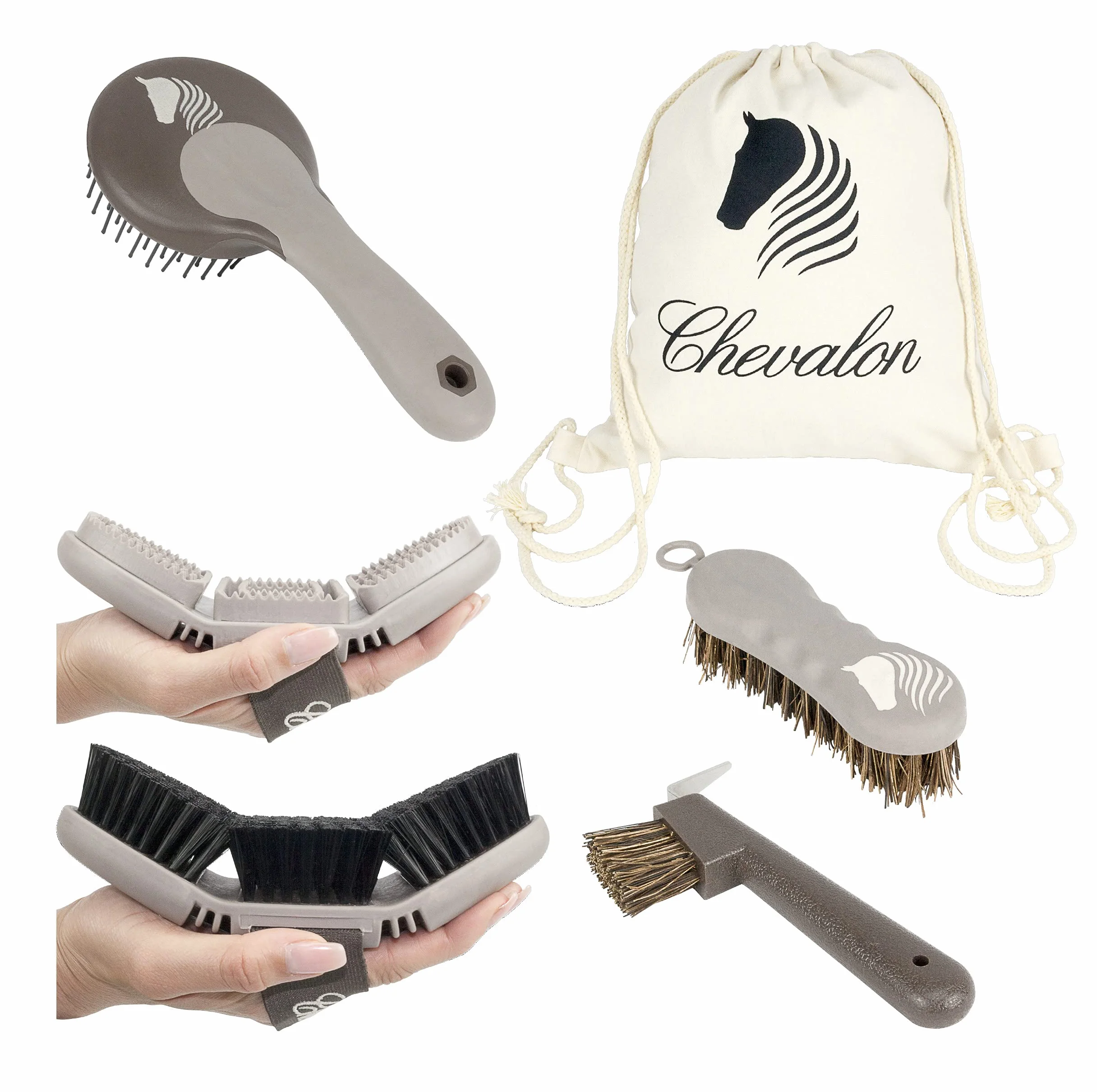 Chevalon Set de Limpieza para Caballos - Cardaje Flexible, Cepillo de Masaje y Rascador para Pezuñas con Púa de Acero Inoxidable