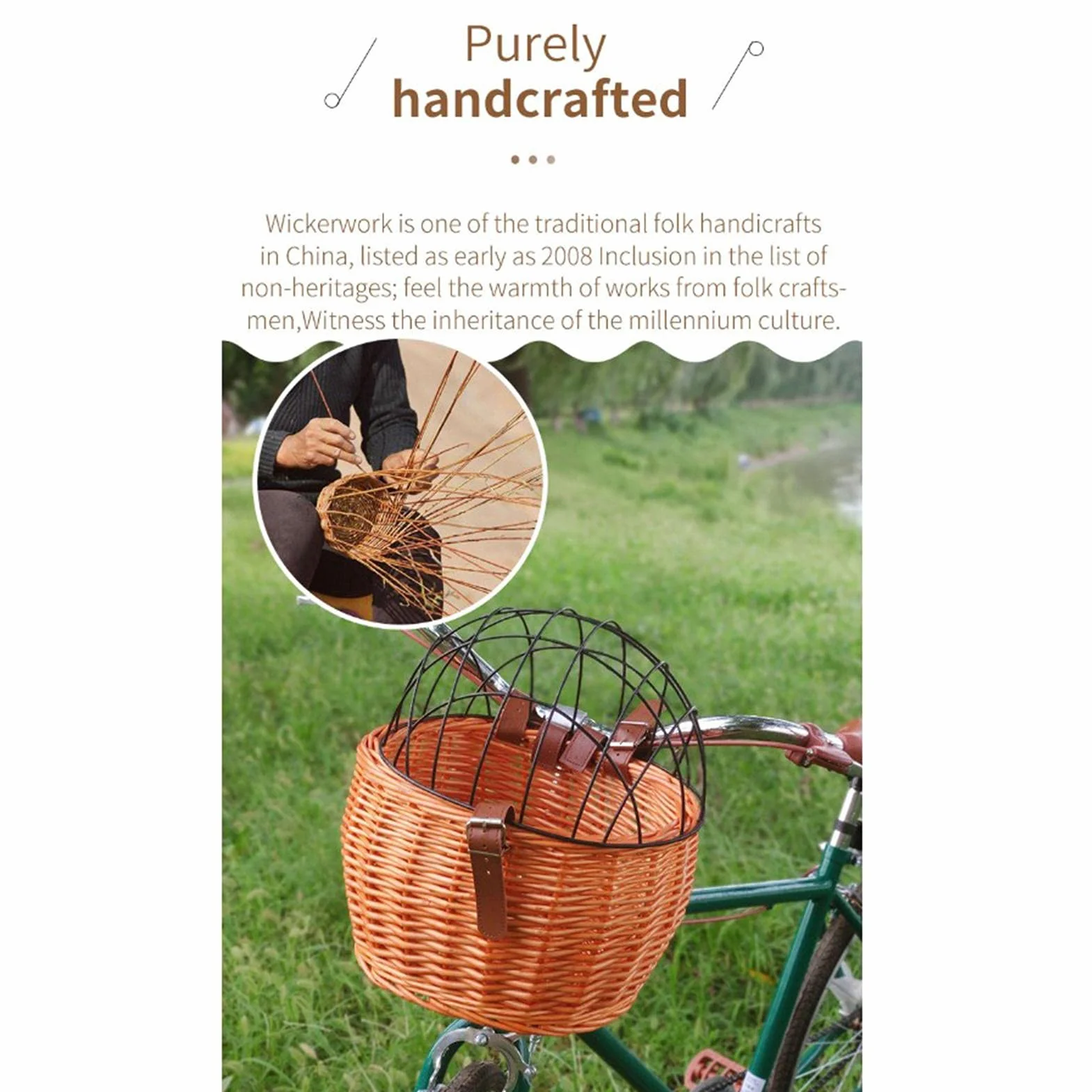 Cesta delantera de mimbre para bicicleta, cesta para manillar de bicicleta,marco de hierro, cesta de almacenamiento tejida a mano, adecuada para perros, gatos, animales pequeños