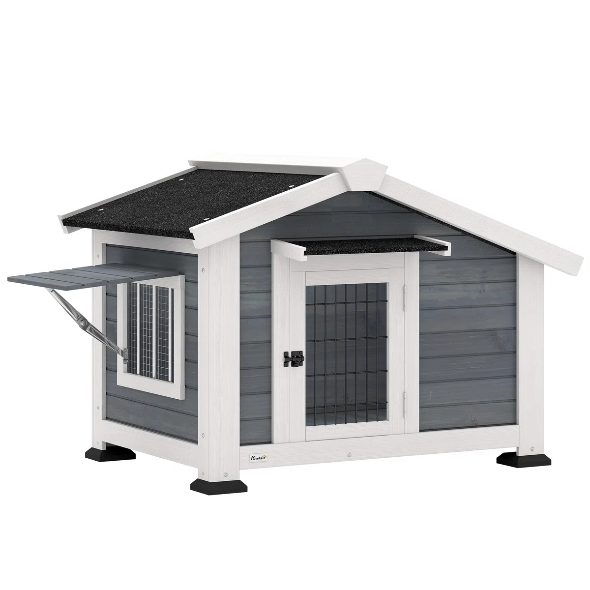PawHut Caseta para Perros Exterior de Madera con Base Elevada y Suelo Extraíble, Casa para Perros Medianos con Techo Asfáltico, Ventana Abatible y Puerta Ventilada, 98x76x69,5 cm, Gris