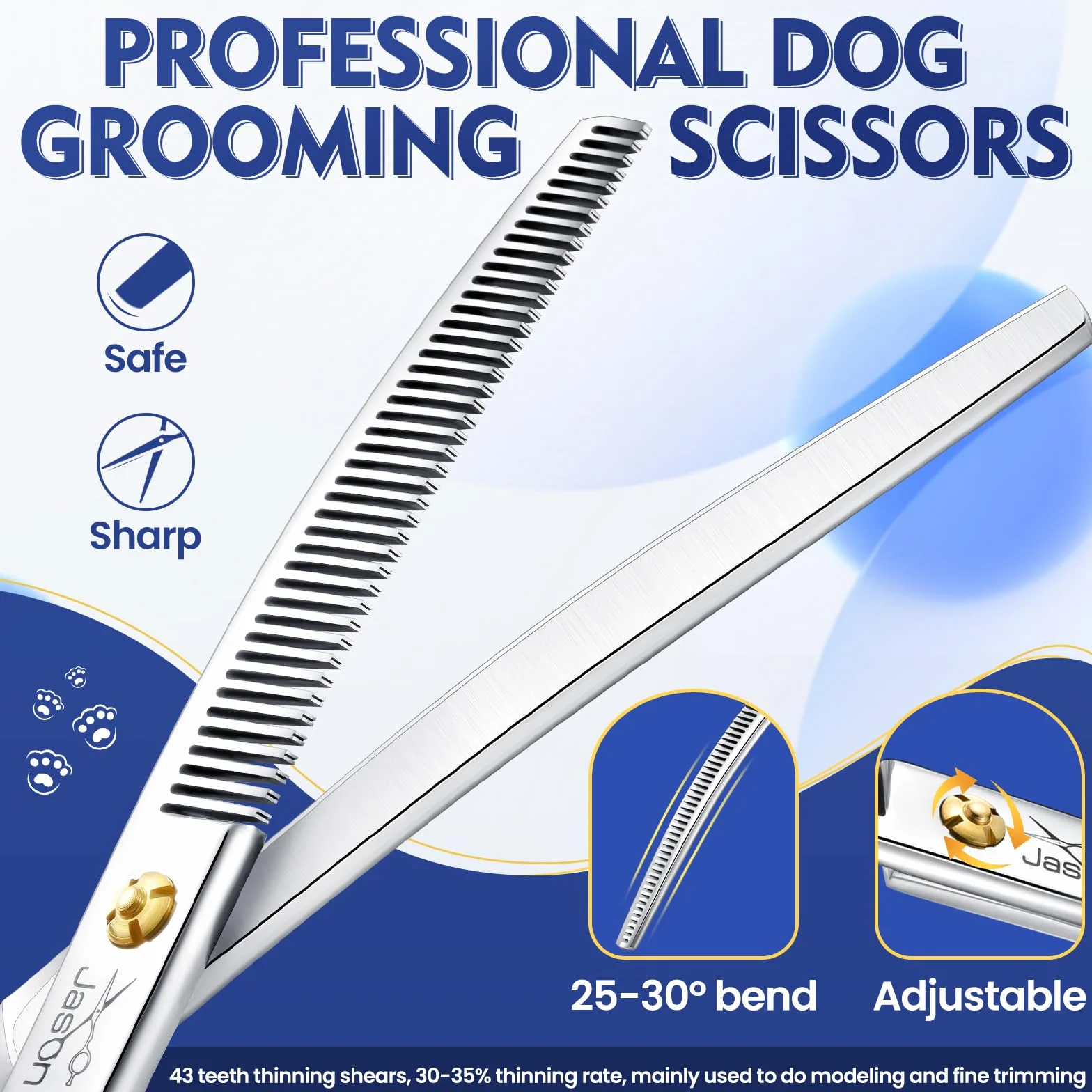 JASON 7.5 pulgadas tijeras para perros profesionales curvadas hacia abajo con 43 dientes, hechas de acero inoxidable japonés 440C con mango simétrico