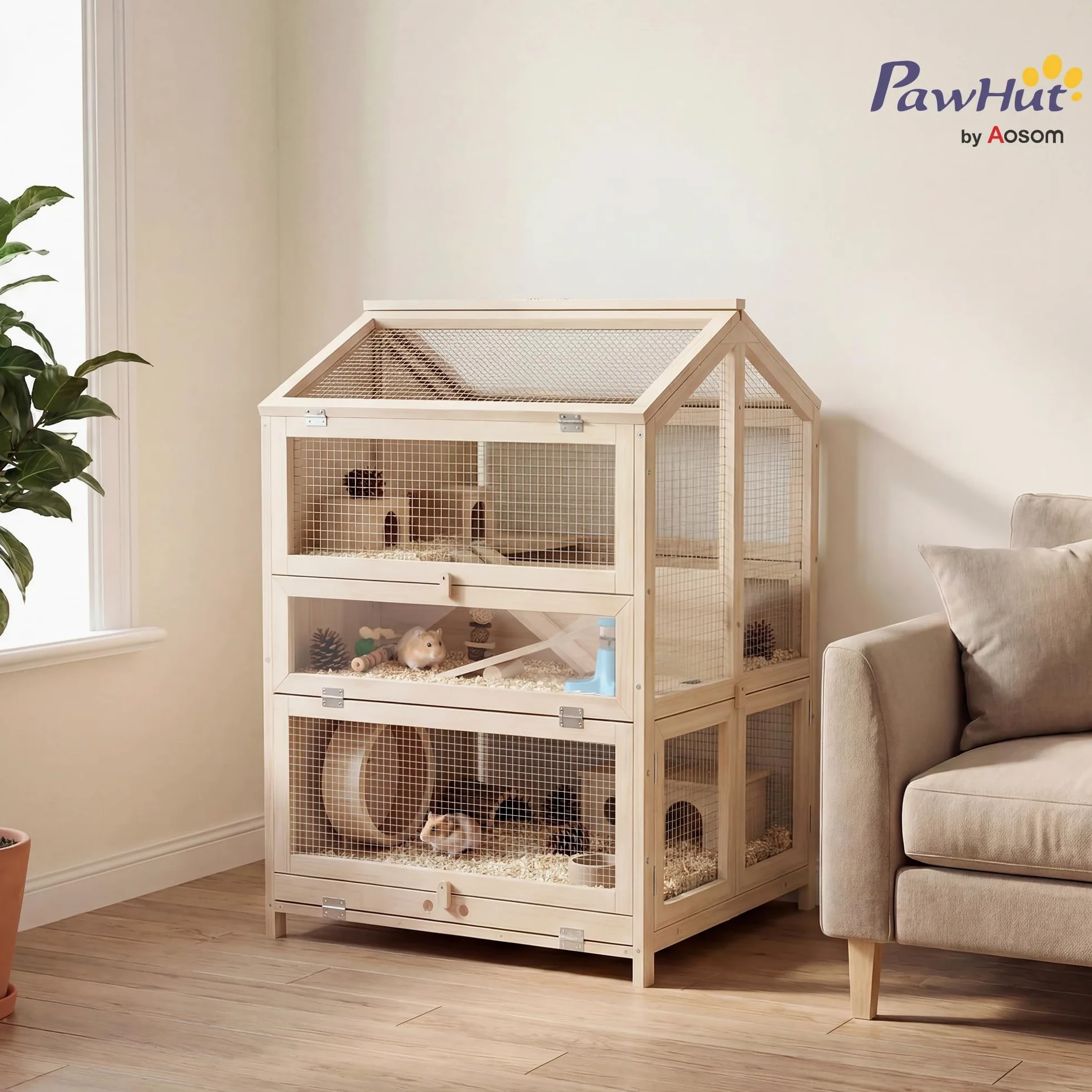 PawHut Jaula para Hámster de Madera de 3 Niveles 68x61,5x90 cm Natural | Casa para Hámster de Madera con Bebederos, Casetas, Balancines, Rampas, Bandeja Extraíble, Tapas Abatibles