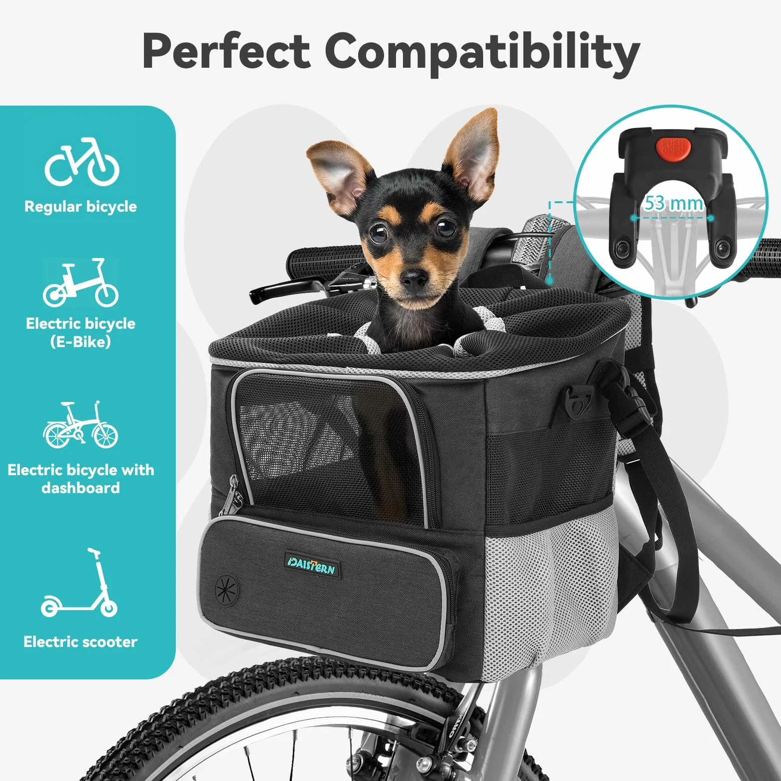 Cesta de bicicleta para perros de hasta 4 kg con adaptador de manillar, diámetro de 53 mm, cesta para perros de bicicleta, mochila delantera, bolsa de hombro, asiento de coche con varias
